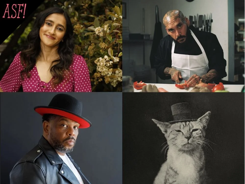 A collage with four images: top left is a woman with dark hair in a pink polka-dot shirt outdoors, smiling; top right is a man with tattoos, bald, in a black shirt and white apron in a kitchen, preparing food; bottom left is a man with a beard wearing a black hat with a red brim and black leather jacket against a dark background; bottom right is a black and white photo of a cat wearing a top hat.