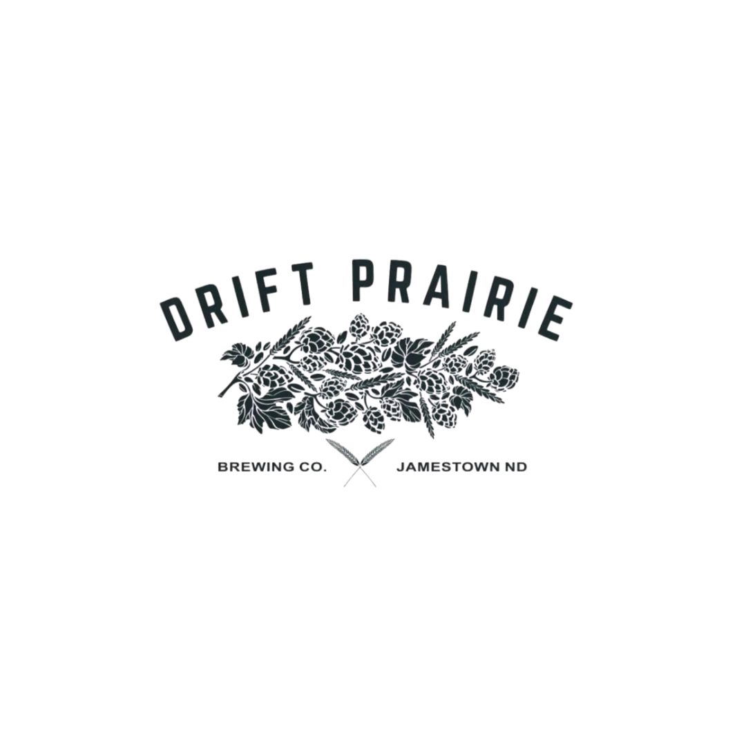 Logo for Drift Prairie Brewing Co. with illustrations of hops and plants, featuring text 'Drift Prairie' and 'Brewing Co. James Town ND'.