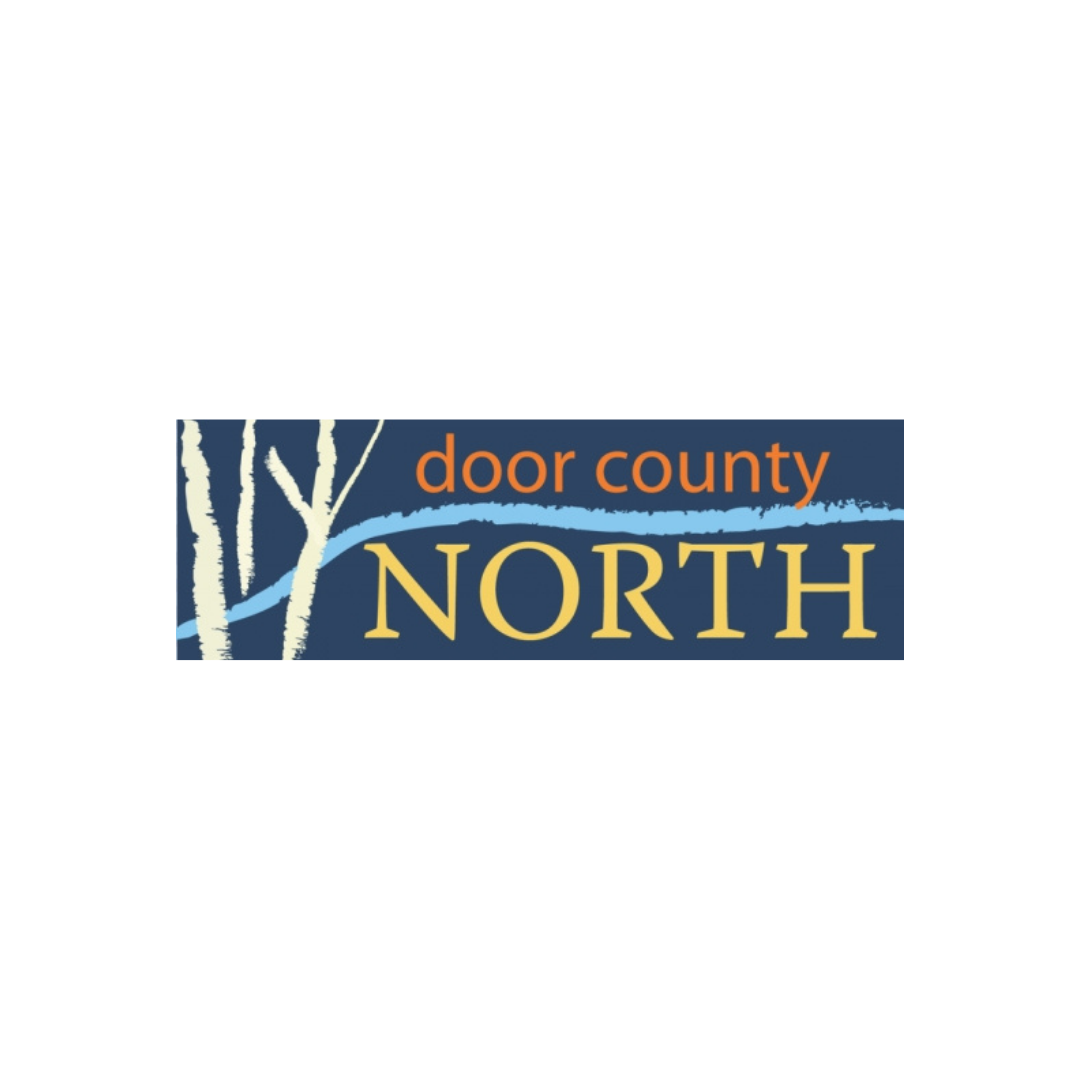 Logo for Door County North featuring three white trees, a blue horizontal line, and the text 'door county NORTH' with 'door county' in orange and 'NORTH' in yellow.