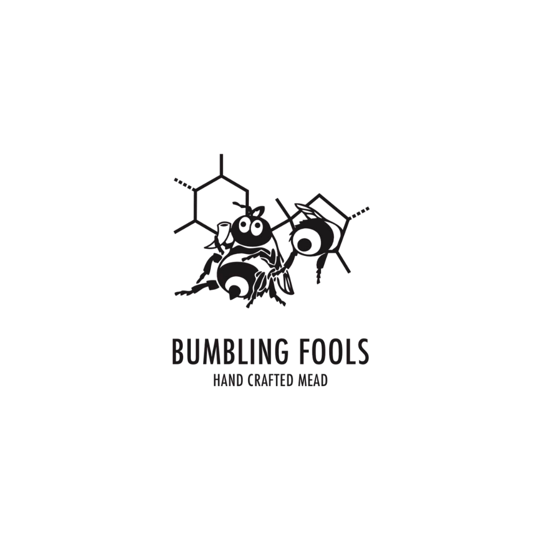 Logo for Bumbling Fools, featuring a drawing of a bee with chemical structures, with the text "Bumling Fools Hand Crafted Mead" underneath.