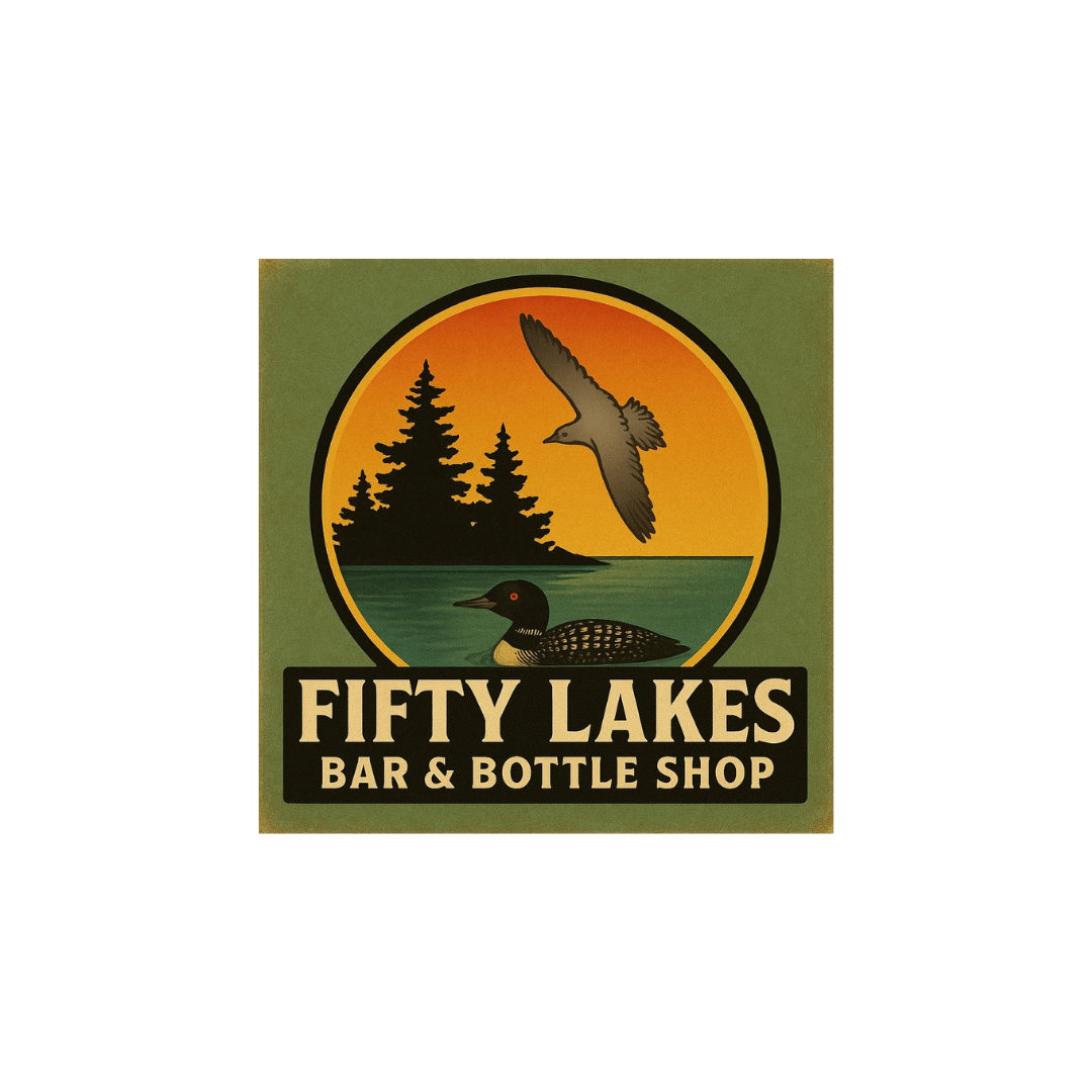 A logo for Fifty Lakes Bar & Bottle Shop featuring a circular design with trees, water, a duck, and a bird, with the business name in bold letters.