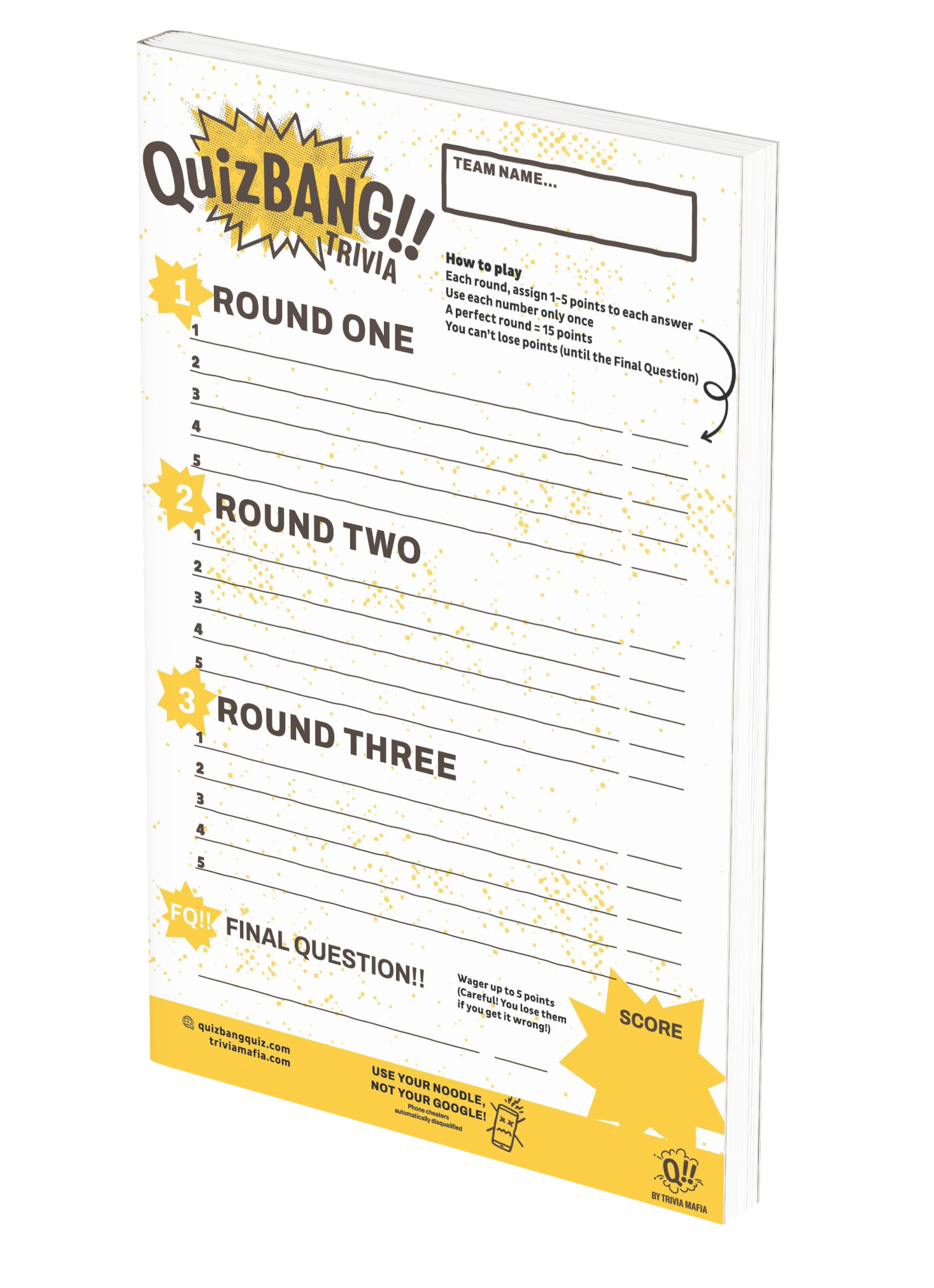 QuizBang answer sheet for players to submit their answers during each trivia round