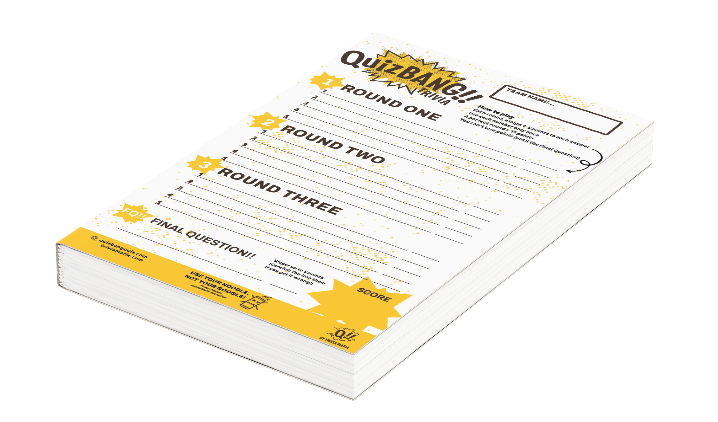 A QuizBang trivia game sheet with sections for four rounds and space for answers.