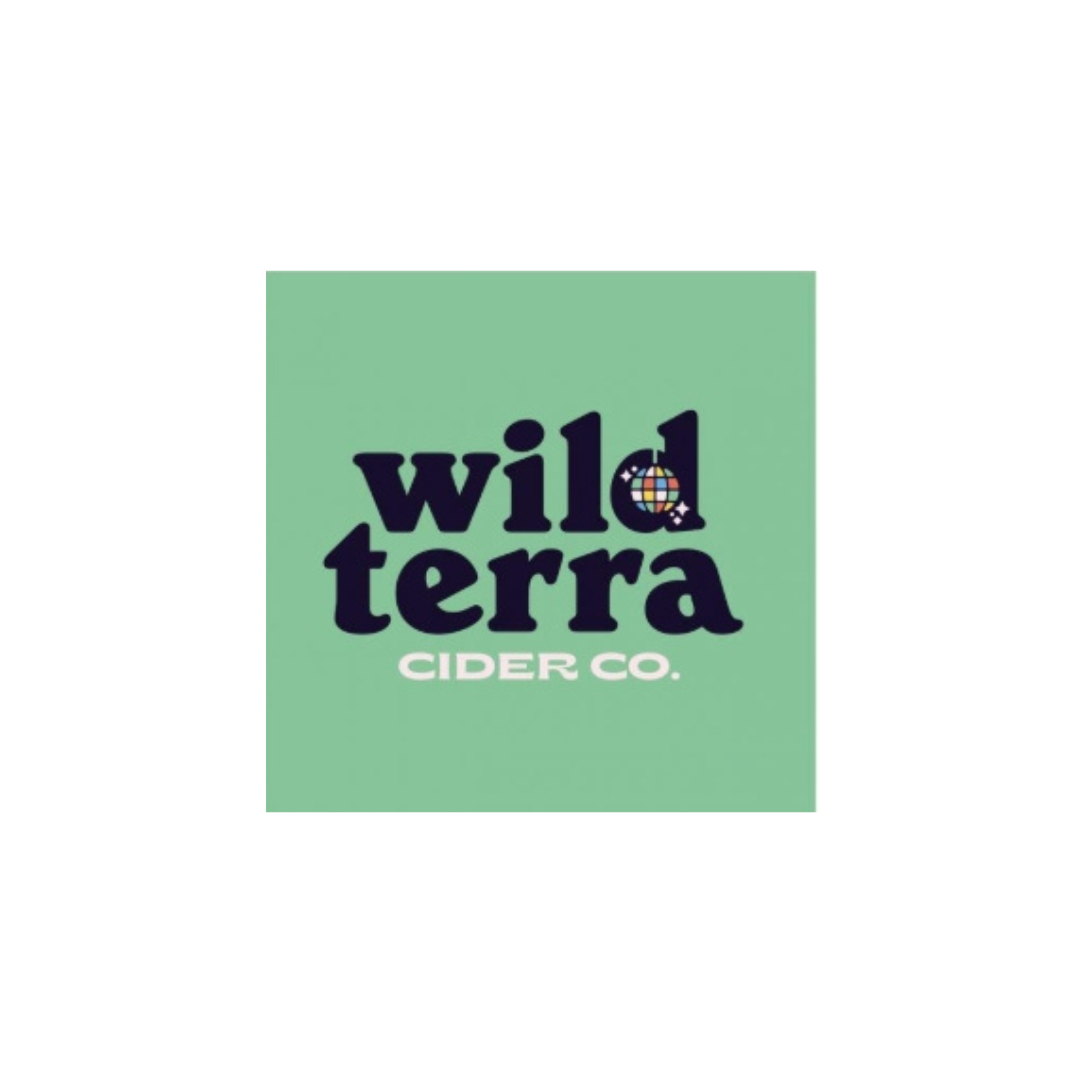 Logo for Wild Terra Cider Co. with green and white background, bold black and white text, and a small globe icon with stars.