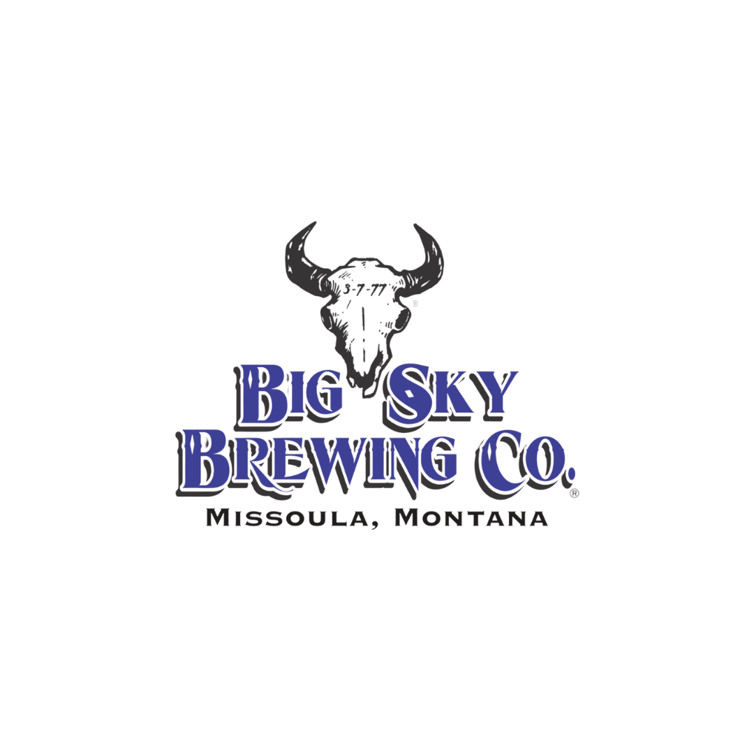 Logo of Big Sky Brewing Co., featuring a cow skull with antlers and the text "Big Sky Brewing Co." in blue, located in Missoula, Montana.