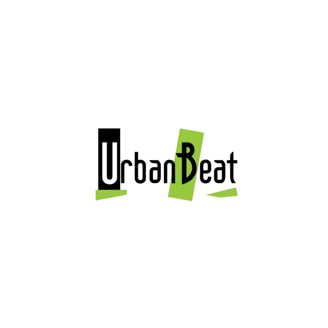 Logo for Urban Beat with black, white, and lime green coloring. 
