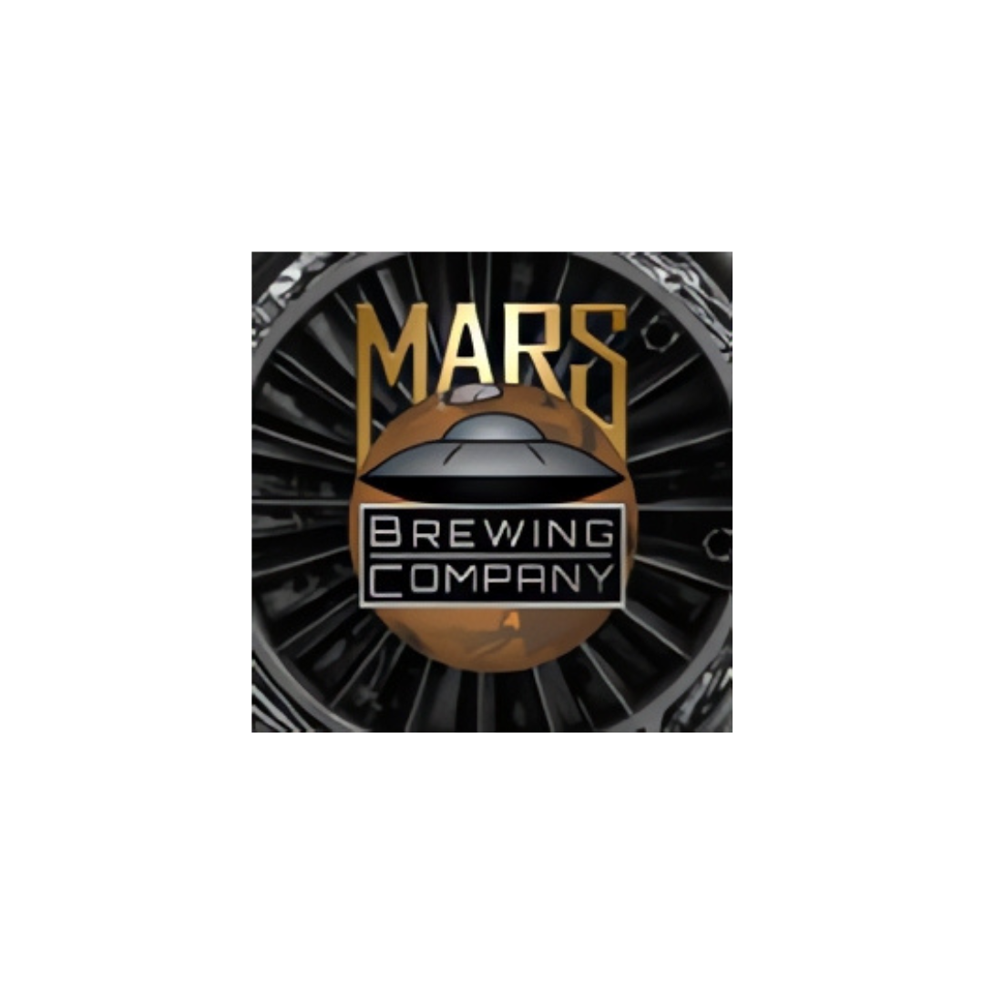 Logo of Mars Brewing Company featuring a stylized spaceship and a planet, with the text 'MARS BREWING COMPANY'.