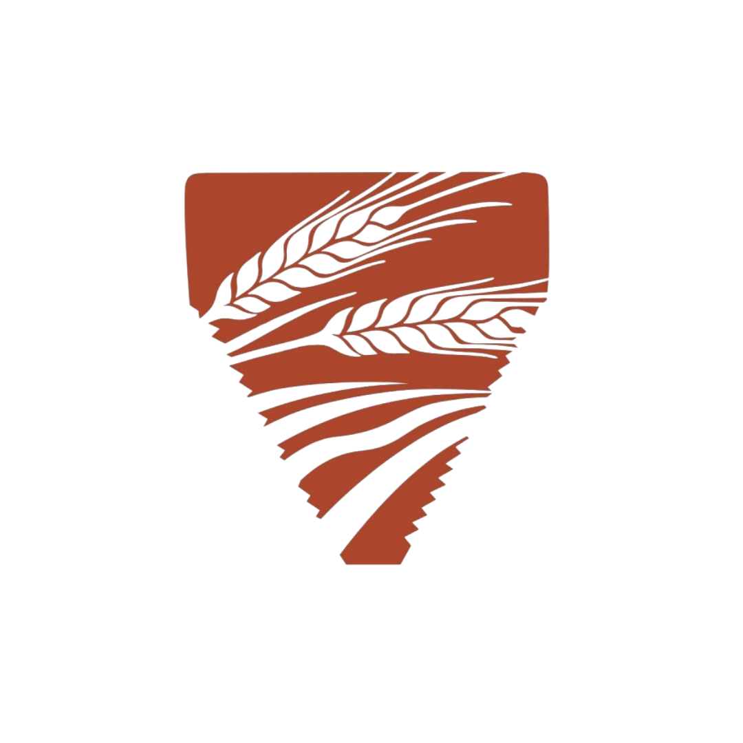 Logo for Copper Furrow Brewing featuring a burnt orange triangular shape with two barley cutouts and waves at the bottom.