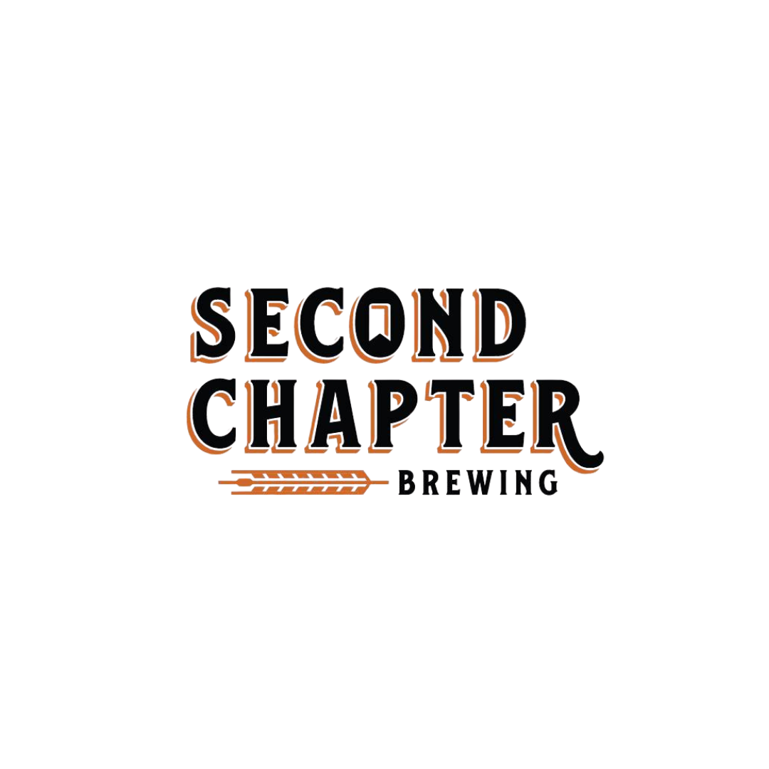 Logo for Second Chapter Brewing with black, dark brown, and orange coloring. 