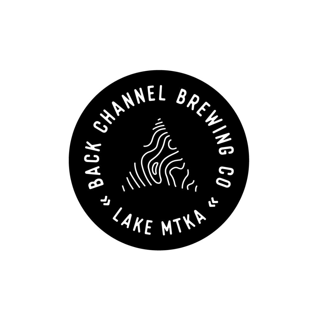 Black circular logo for Back Channel Brewing Co. in Lake Minnetonka, featuring a stylized mountain and contour lines.