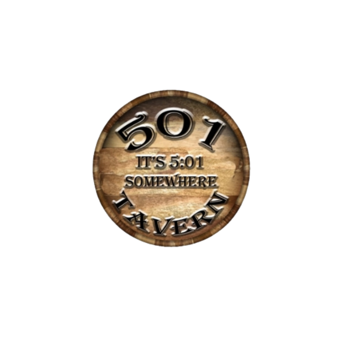 A round wooden clock with large black numbers, displaying the time as 5:01, and the phrase 'IT'S 5:01 SOMEWHERE' in the center.