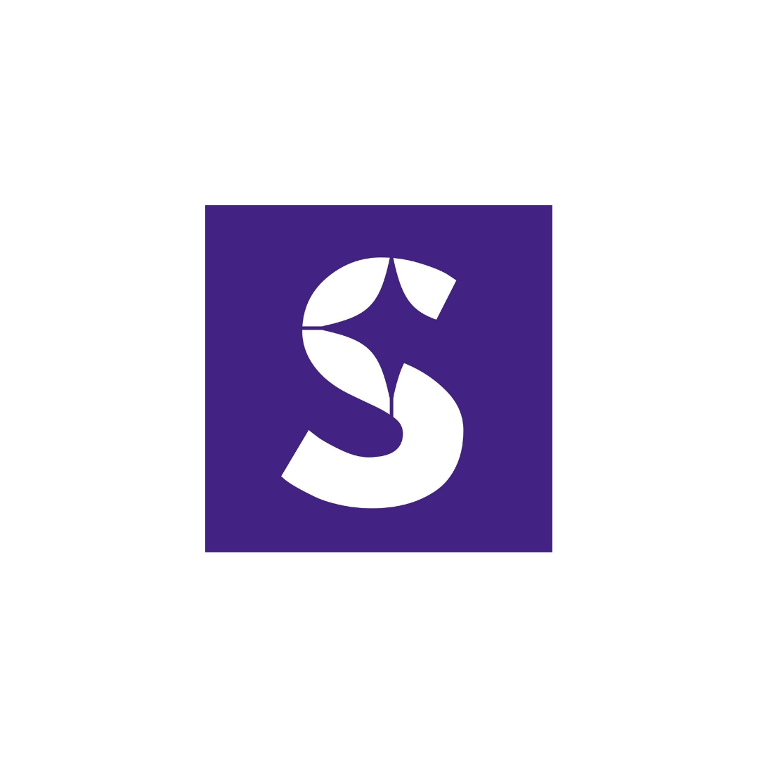 A logo with a purple background and a white stylized 'S' in the center.