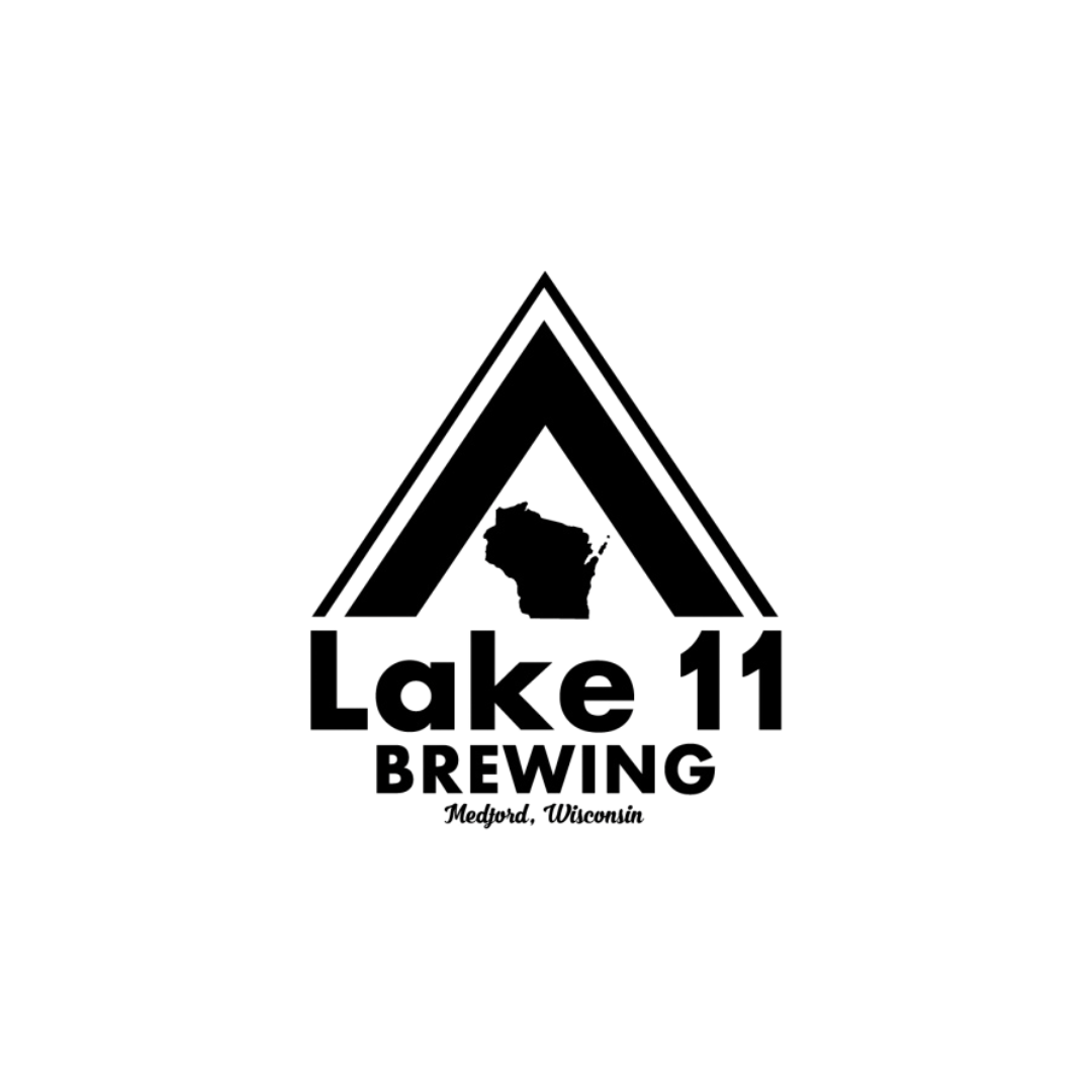 Black and white logo with a silhouette of the state of Wisconsin inside a triangular design, and the words 'Lake 11 Brewing' below.
