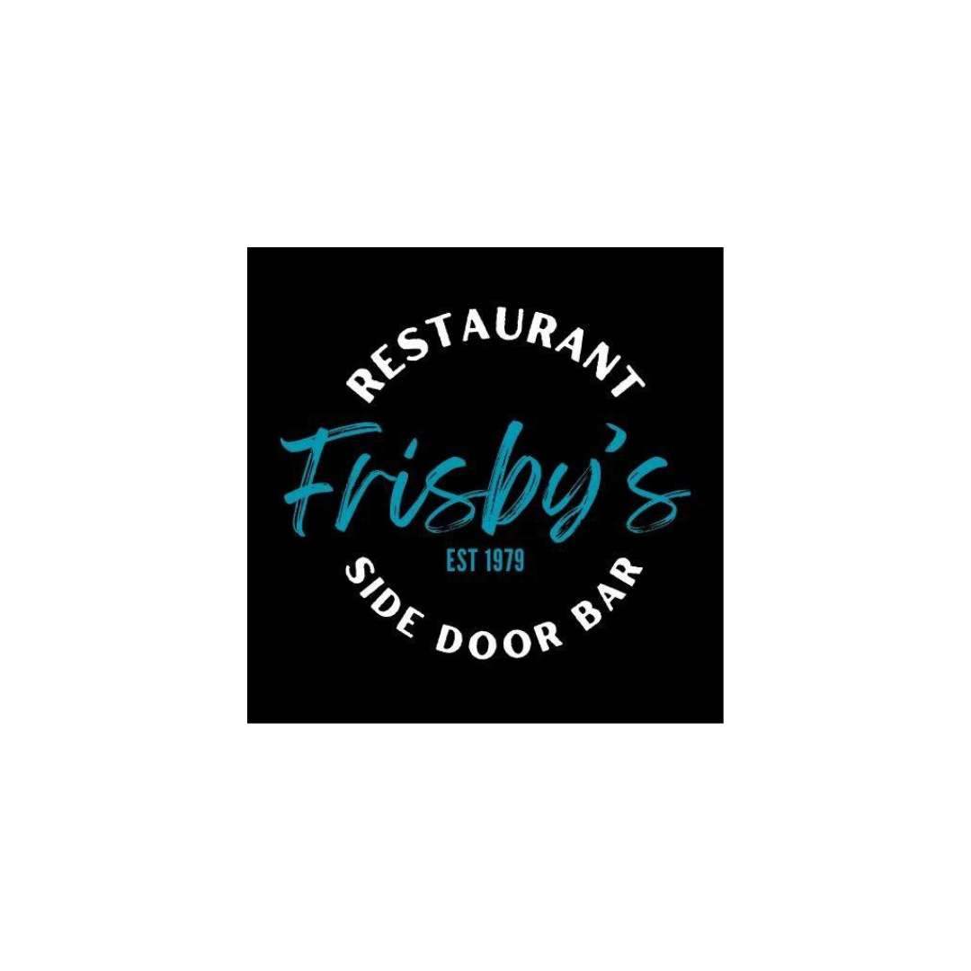 Logo for a restaurant named Frisby's, established in 1979, featuring the name in blue script and white circular text on a black background.