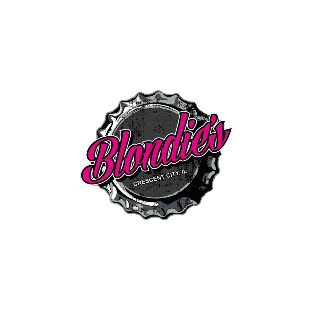 Logo for Blondie's restaurant in Crescent City, Illinois with a black bottle cap design and pink cursive text.