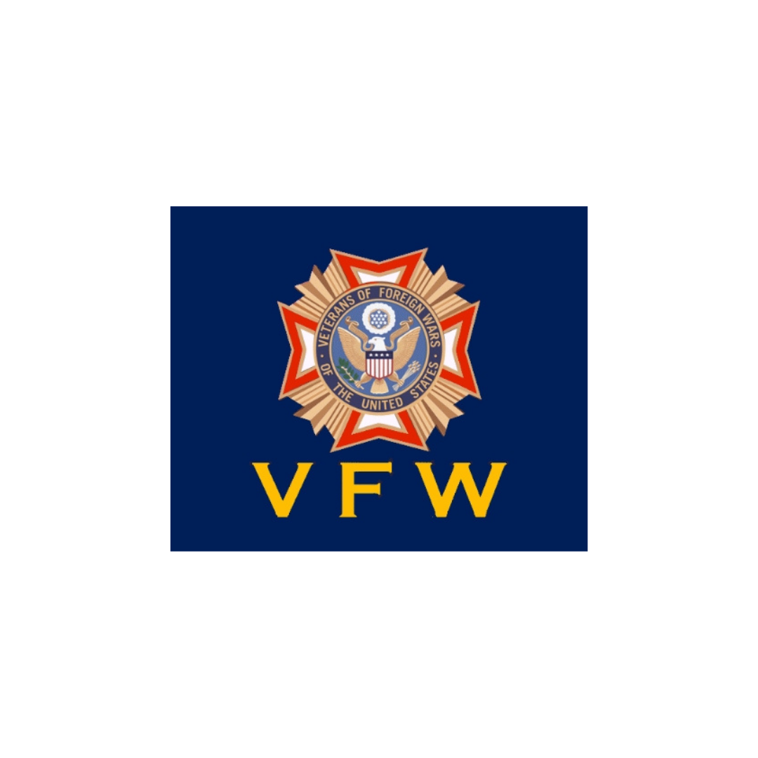 VFW logo featuring a star-shaped emblem with an eagle and shield, and the words 'Veterans of Foreign Wars of the United States' and 'V F W' in yellow text.