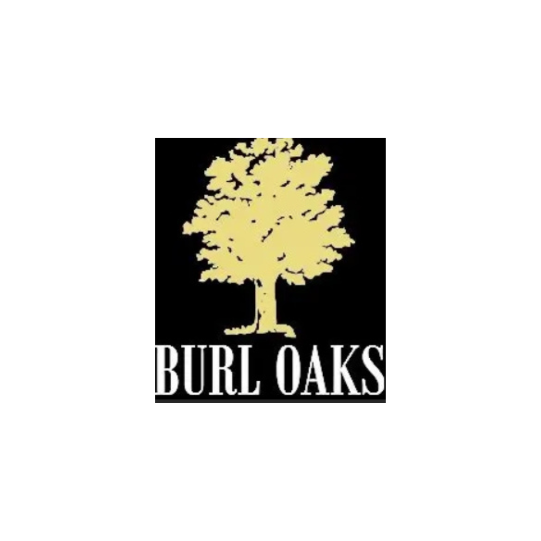 A logo with a yellow silhouette of a tree and white 'BURL OAKS' text beneath it on a black background.