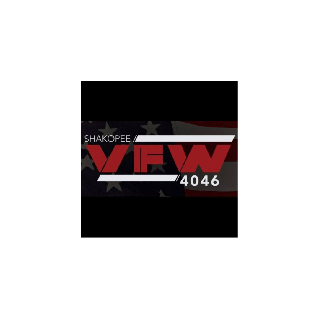 Logo with text 'SHAKOPEE VFW 4046' overlaying a background of the American flag.