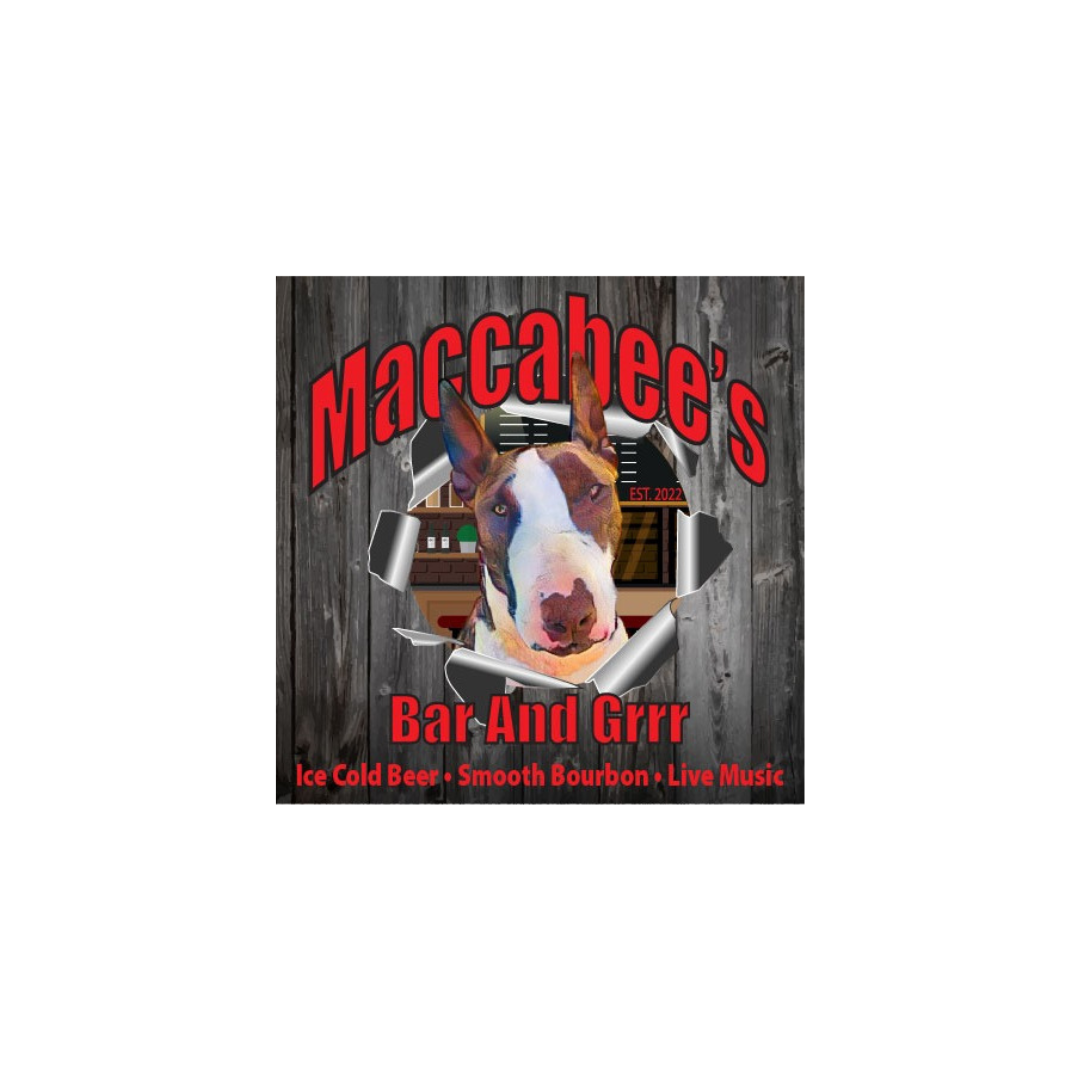 Sign for Maccabees Bar & Grill with a dog's face breaking through a wood background, featuring red text and a description of offerings like ice-cold beer, smooth bourbon, and live music.