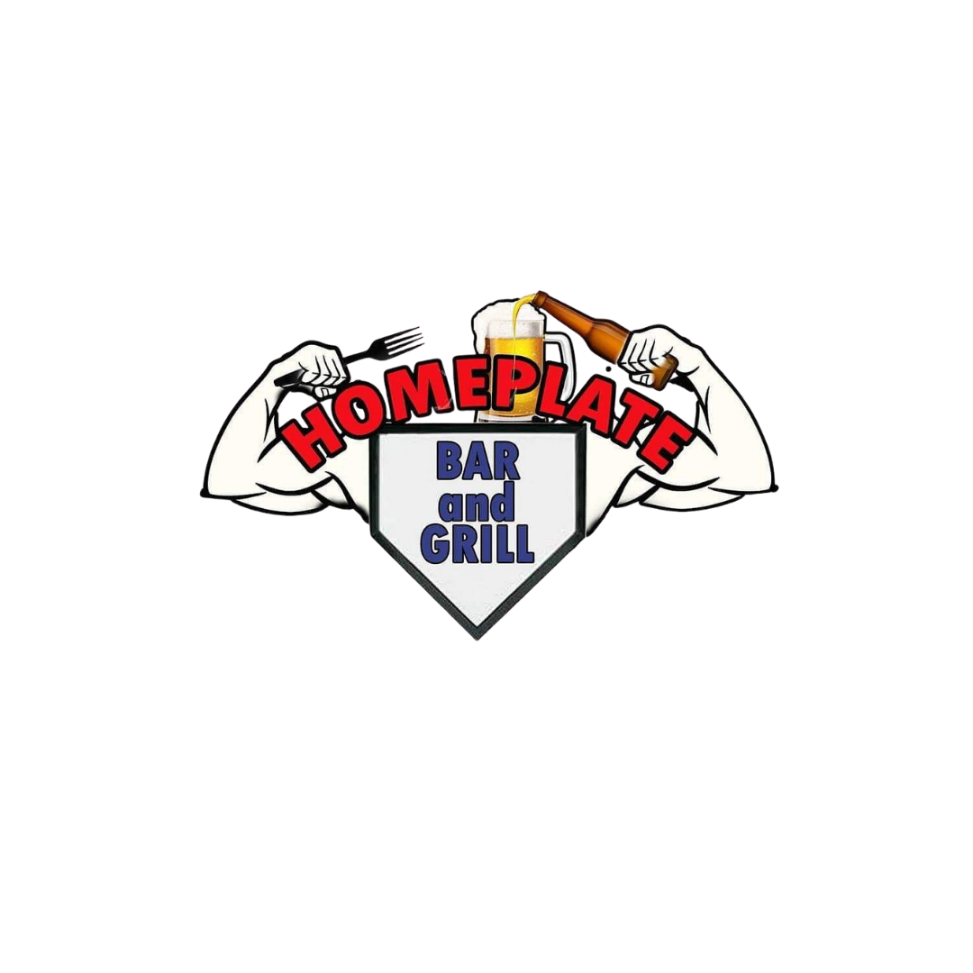 Logo for Homeplate Bar and Grill featuring muscular arms, a beer mug, a beer bottle, and bold text.