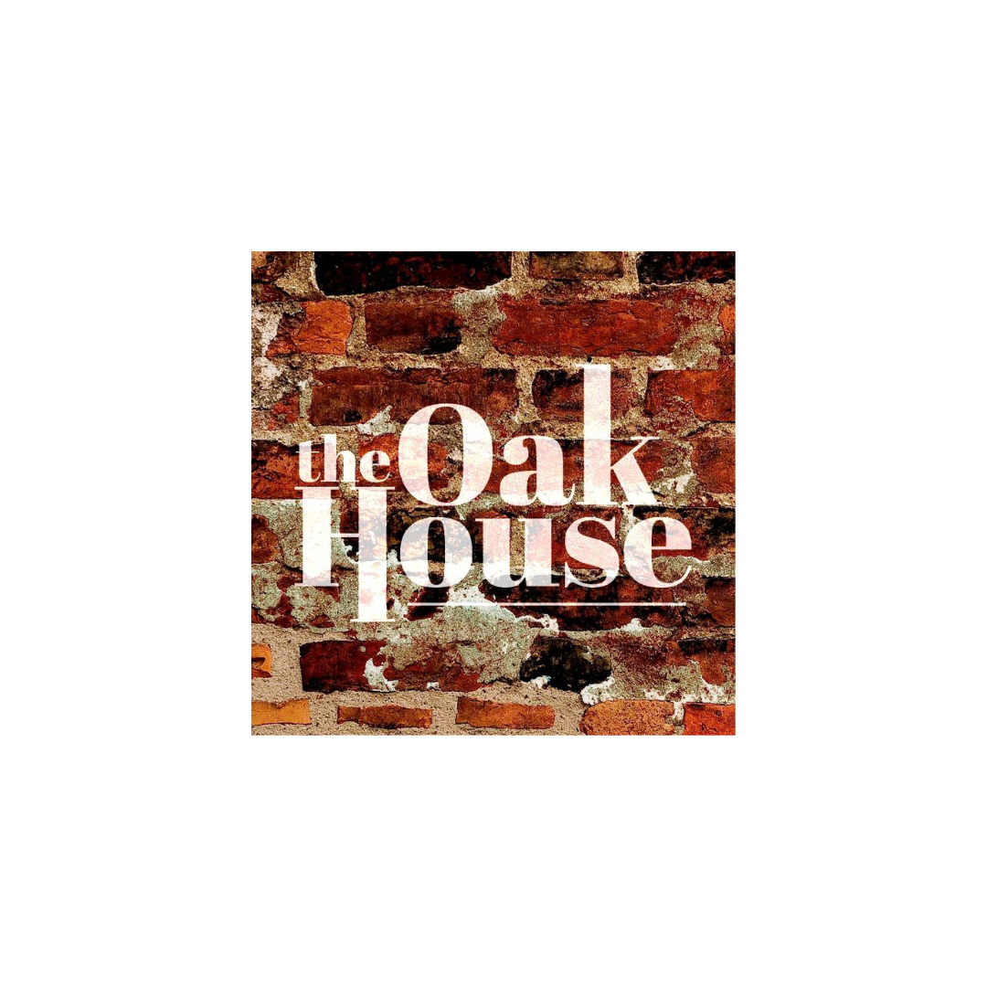 Logo with white text reading 'the Oak House' over a brick wall background.