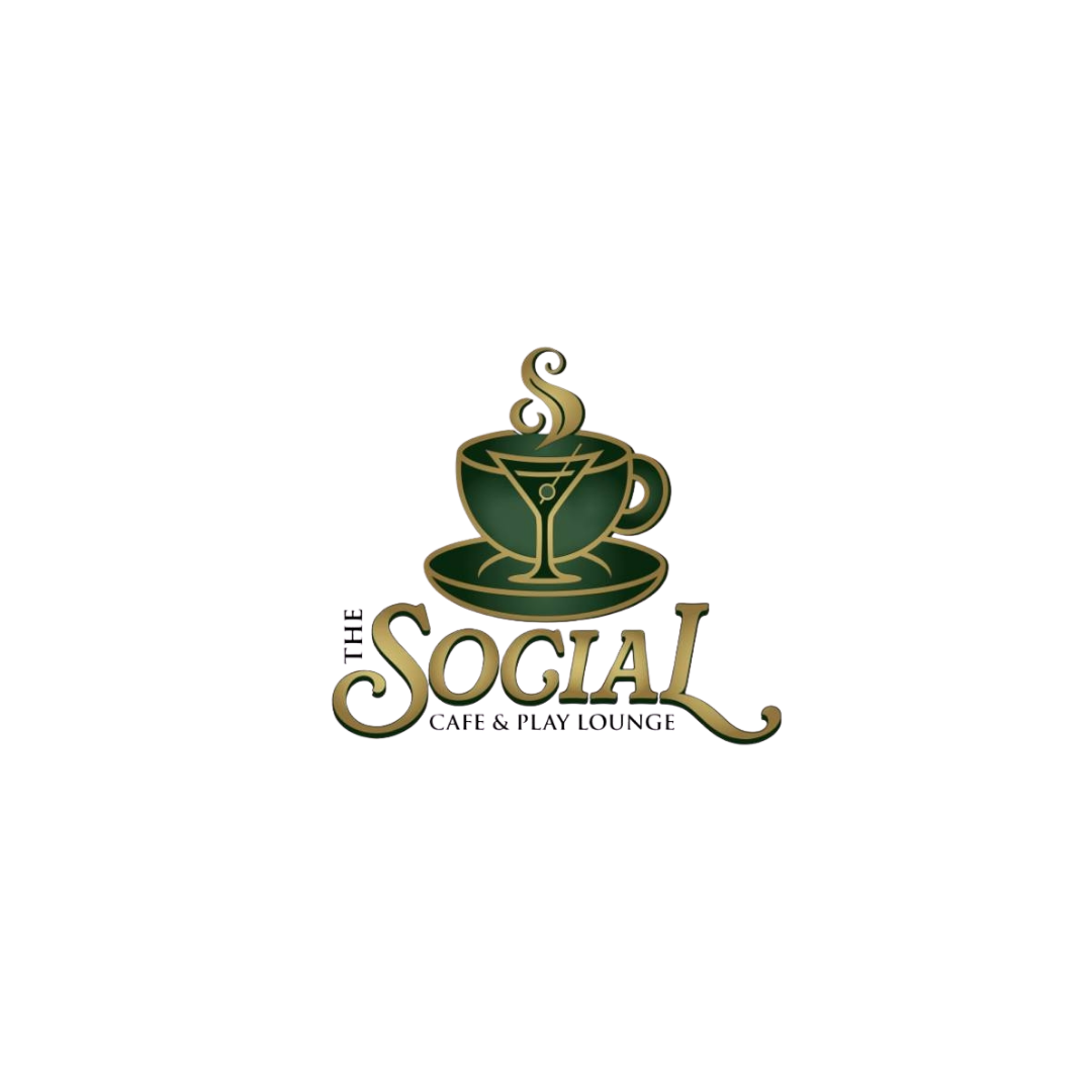 Logo with gold 'The Social Cafe & Play Lounge' text, featuring steaming coffee in a green cup.