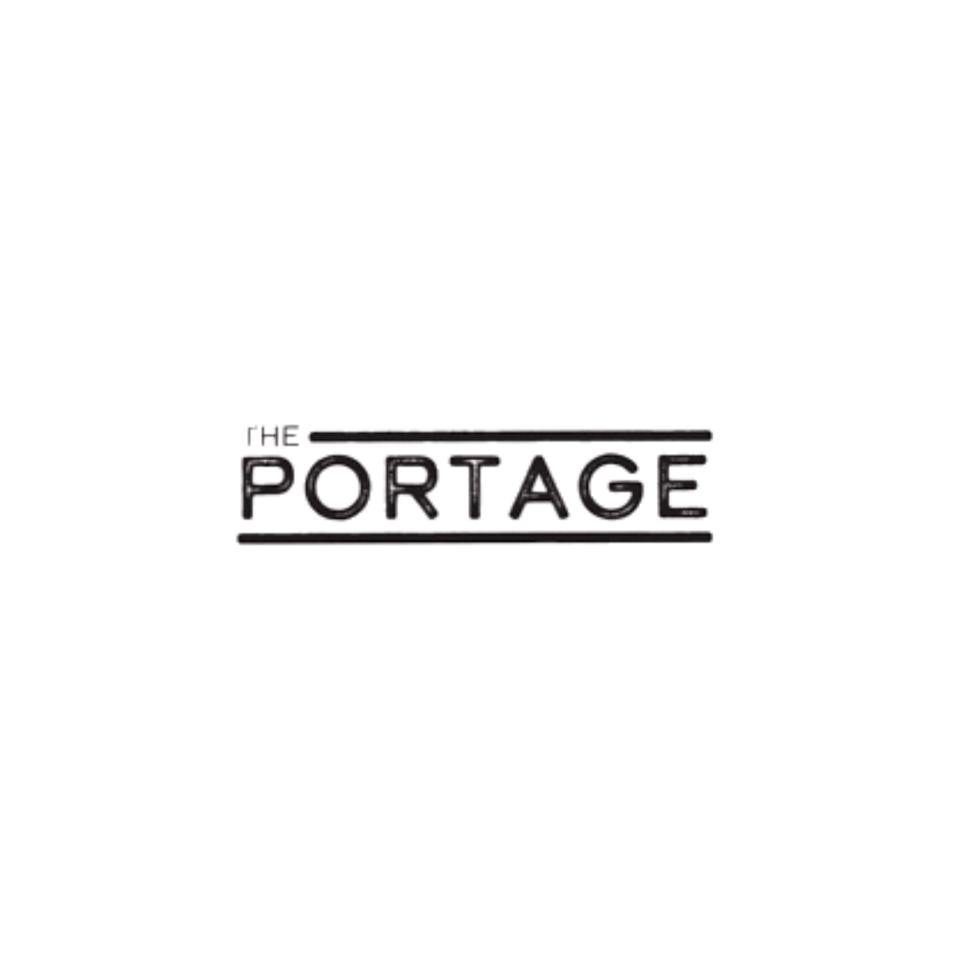 Horizontal logo for The Portage with a line across the tip and bottom, and basic dark lettering.