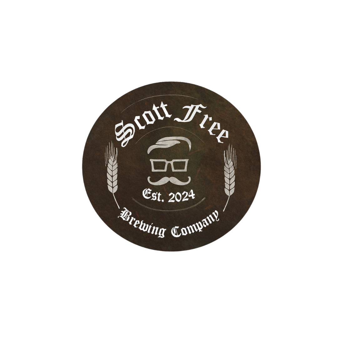 Logo for Scott Free Brewing Company, established 2024, featuring a stylized face with glasses, mustache, and hair, with wheat stalks on each side.