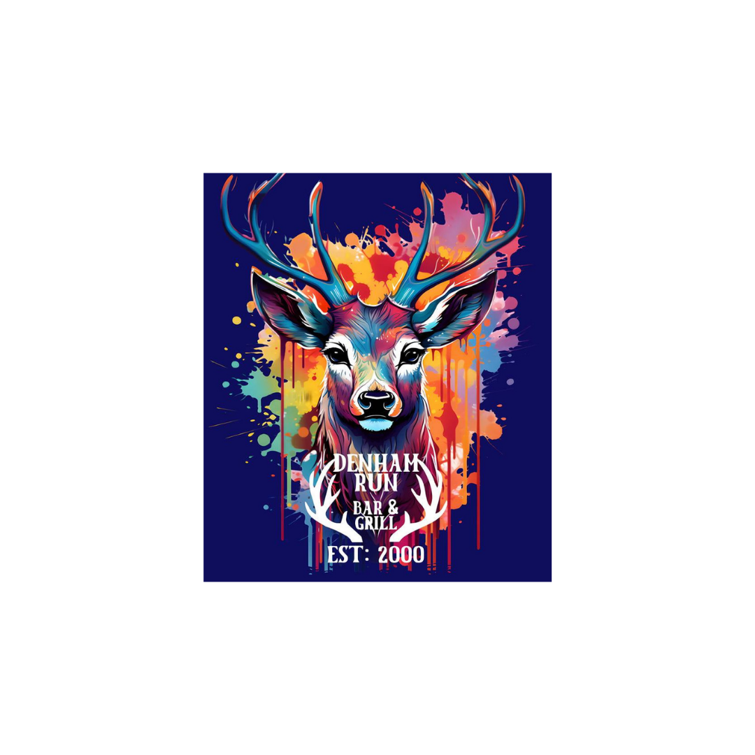 Colorful artistic poster of a deer with large antlers in front of a splash of bright paint colors, advertising Denham Run Bar & Grill, established 2000.