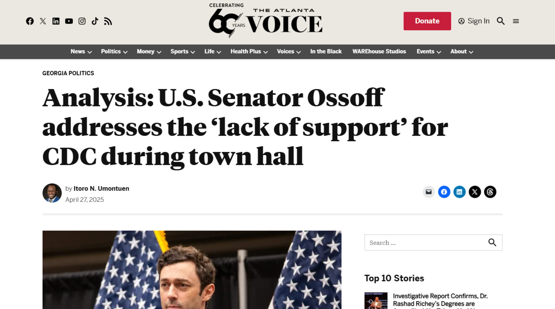 Screenshot of The Atlanta Voice website showing a headline: 'Analysis: U.S. Senator Ossoff addresses the 'lack of support' for CDC during town hall.' The page displays a photo of U.S. Senator Ossoff with American flags.