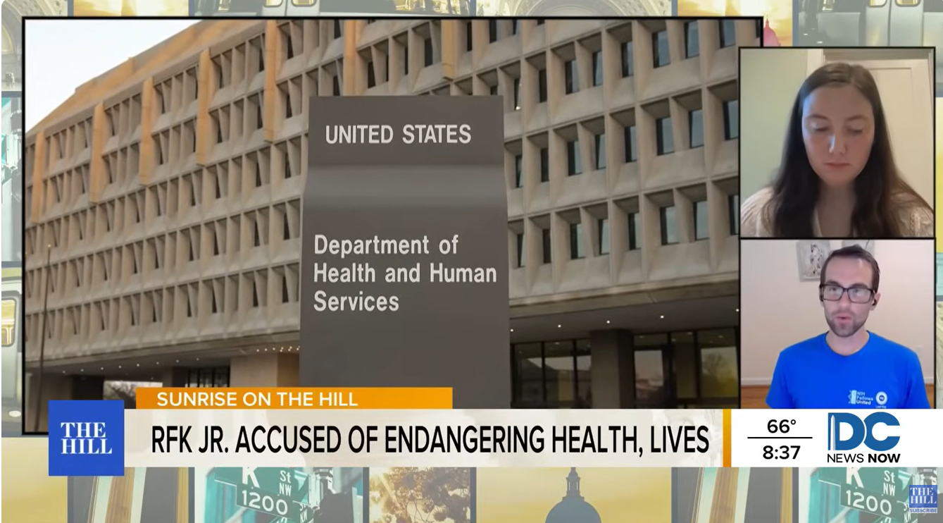 Screenshot of a news segment with a building labeled 'United States Department of Health and Human Services' and two people in video call windows. The news ticker reads 'RFK Jr. accused of endangering health, lives' and the segment title is 'Sunrise on the Hill'. The temperature is 66°F at 8:37.