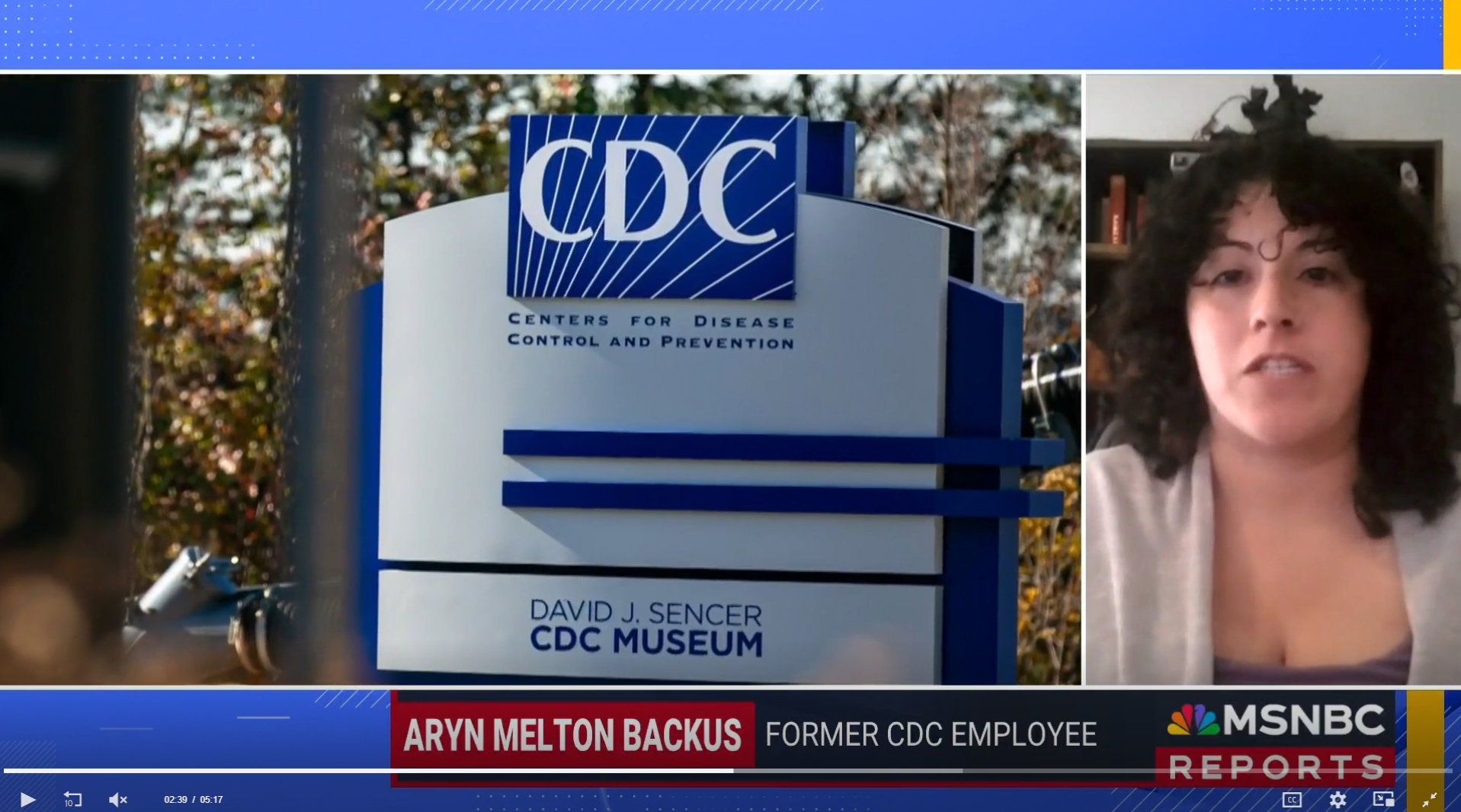 A sign for the CDC Museum, part of the Centers for Disease Control and Prevention, with a woman on a video call appearing in a separate window on the right side of the image