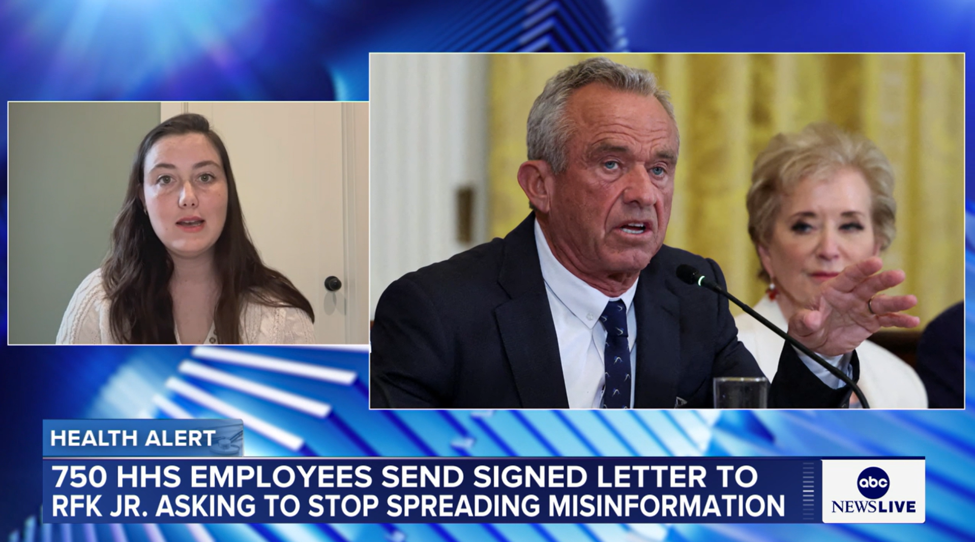 A news broadcast split-screen showing a young woman on the left and an older man speaking at a microphone on the right, with a woman in the background. The headline reads: "Health Alert: 750 HHS employees send signed letter to RFK Jr. asking to stop spreading misinformation".