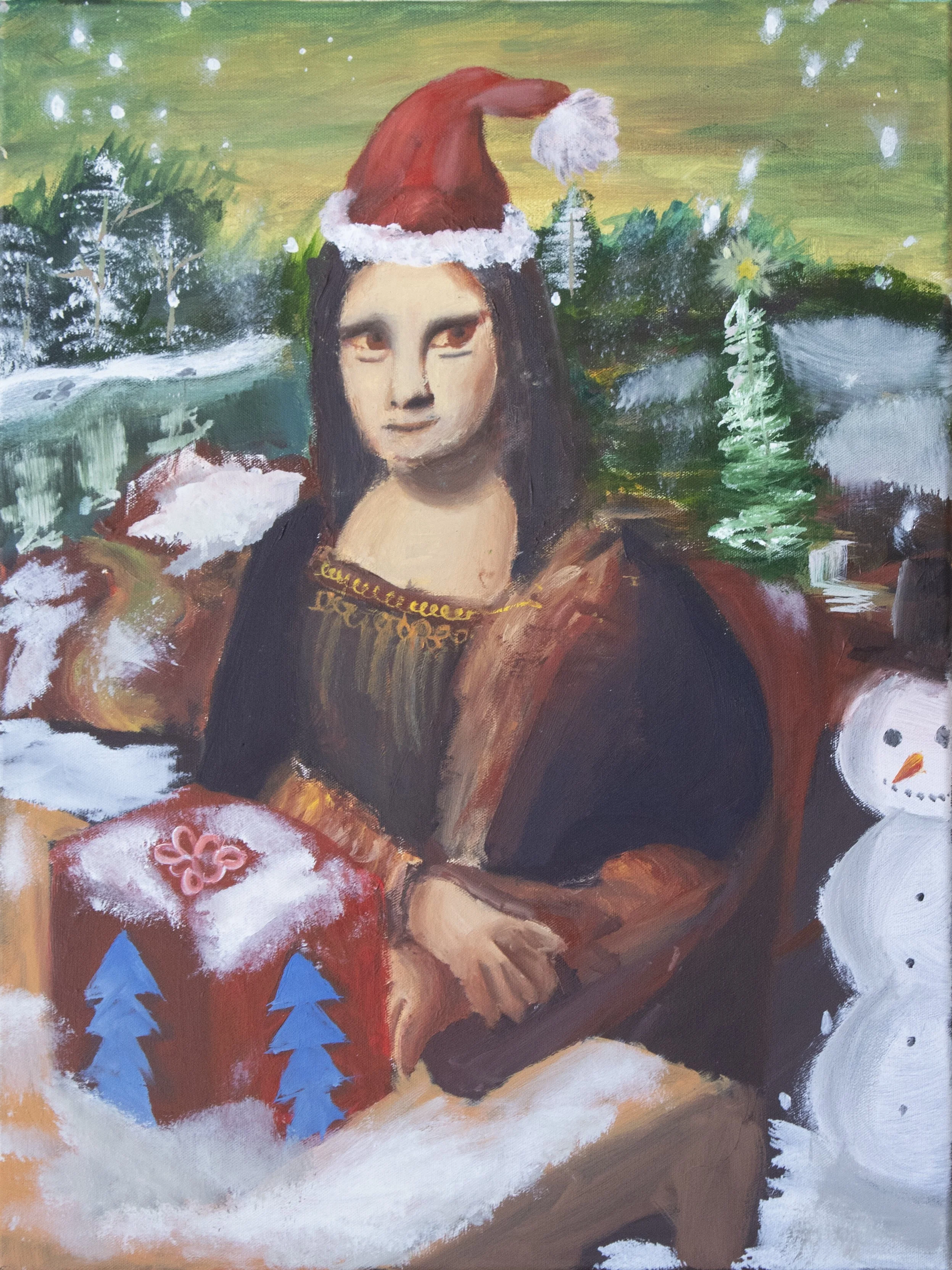 Christmas Mona Lisa, Oil on Canvas, 18''x24'', 2024