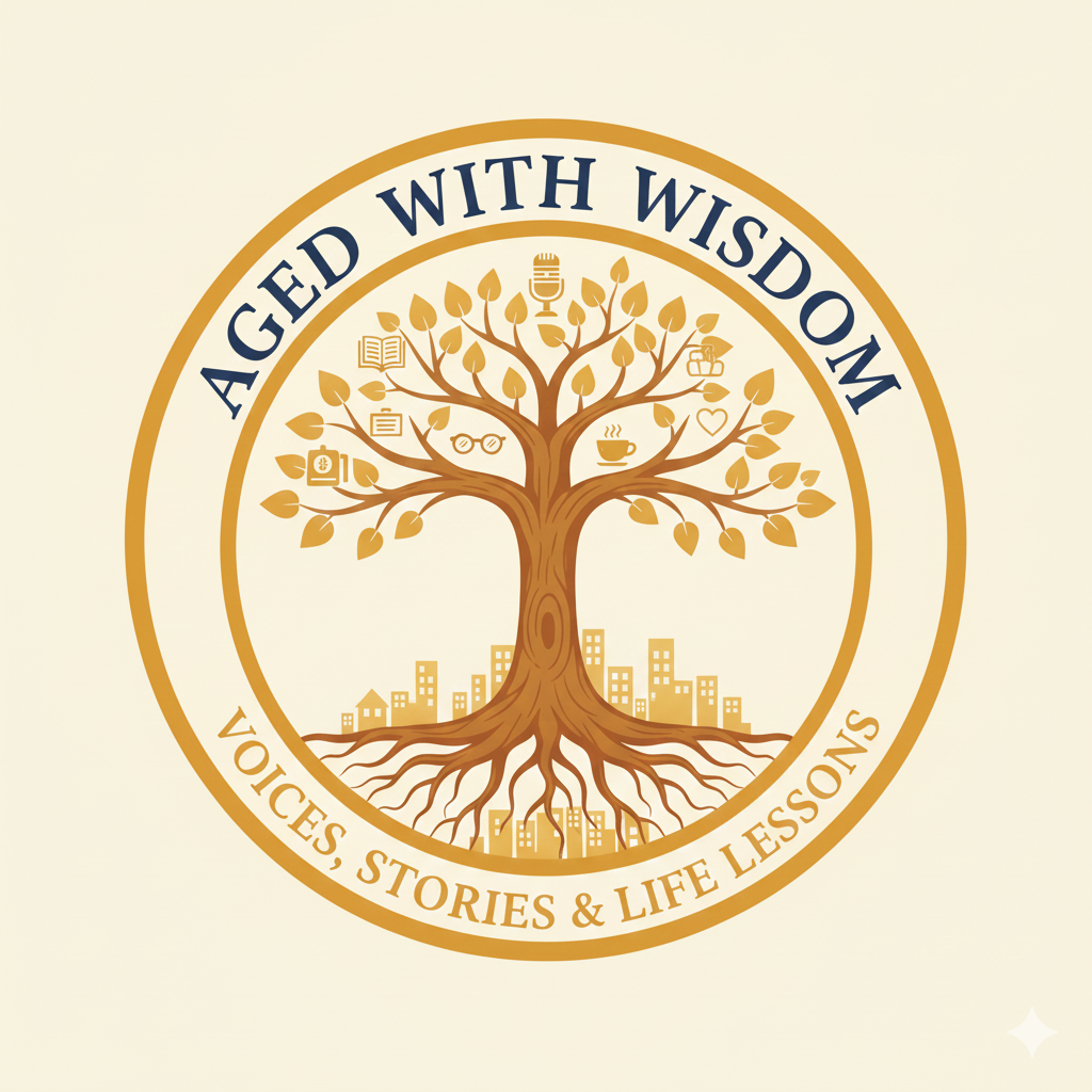 A logo featuring a tree with branches and leaves, surrounded by a circular border. Inside the tree are icons representing wisdom, stories, and life lessons. The text in the border reads "Aged with Wisdom" at the top and "Voices, Stories & Life Lessons" at the bottom.