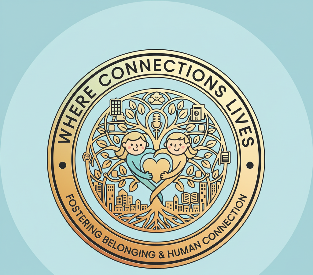 A circular logo with the text 'Where Connections Lives' and 'Fostering Belonging & Human Connection'. The center features two smiling children holding a heart, surrounded by a tree with leaves and various icons representing communication, technology, and community, all above a cityscape.
