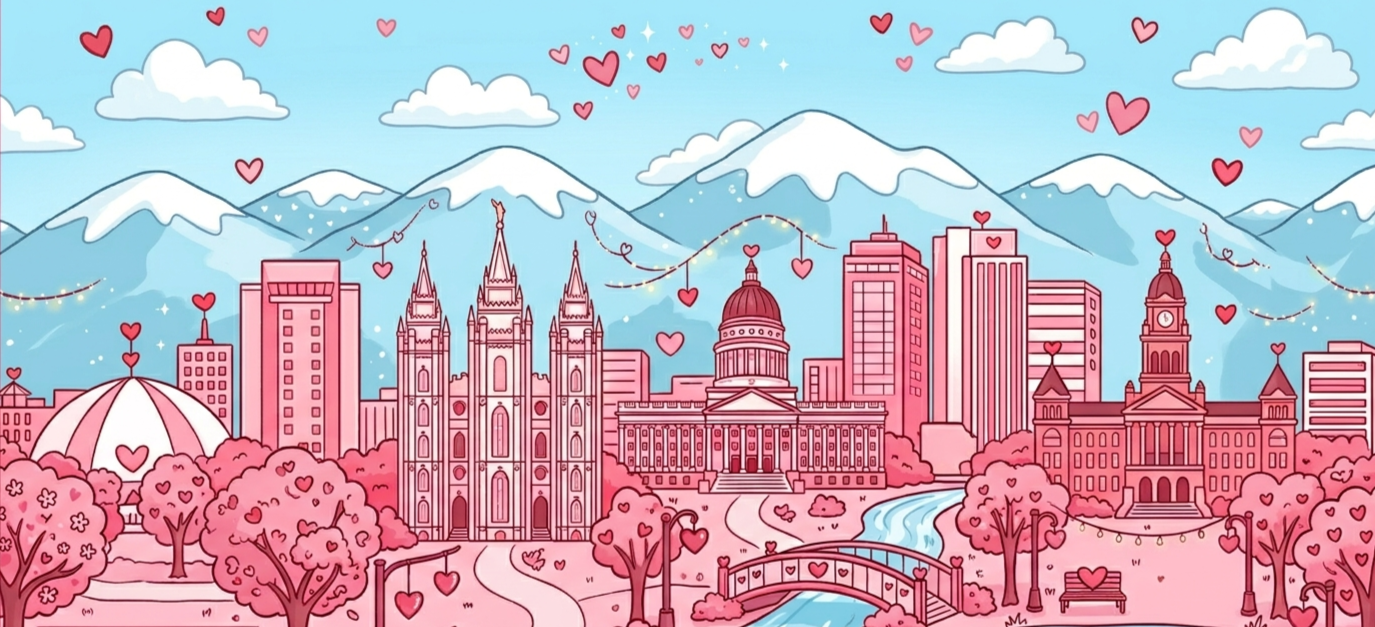 Illustration of a city skyline with pink buildings and trees, mountains in the background, hearts floating in the sky, and a river flowing through the scene.