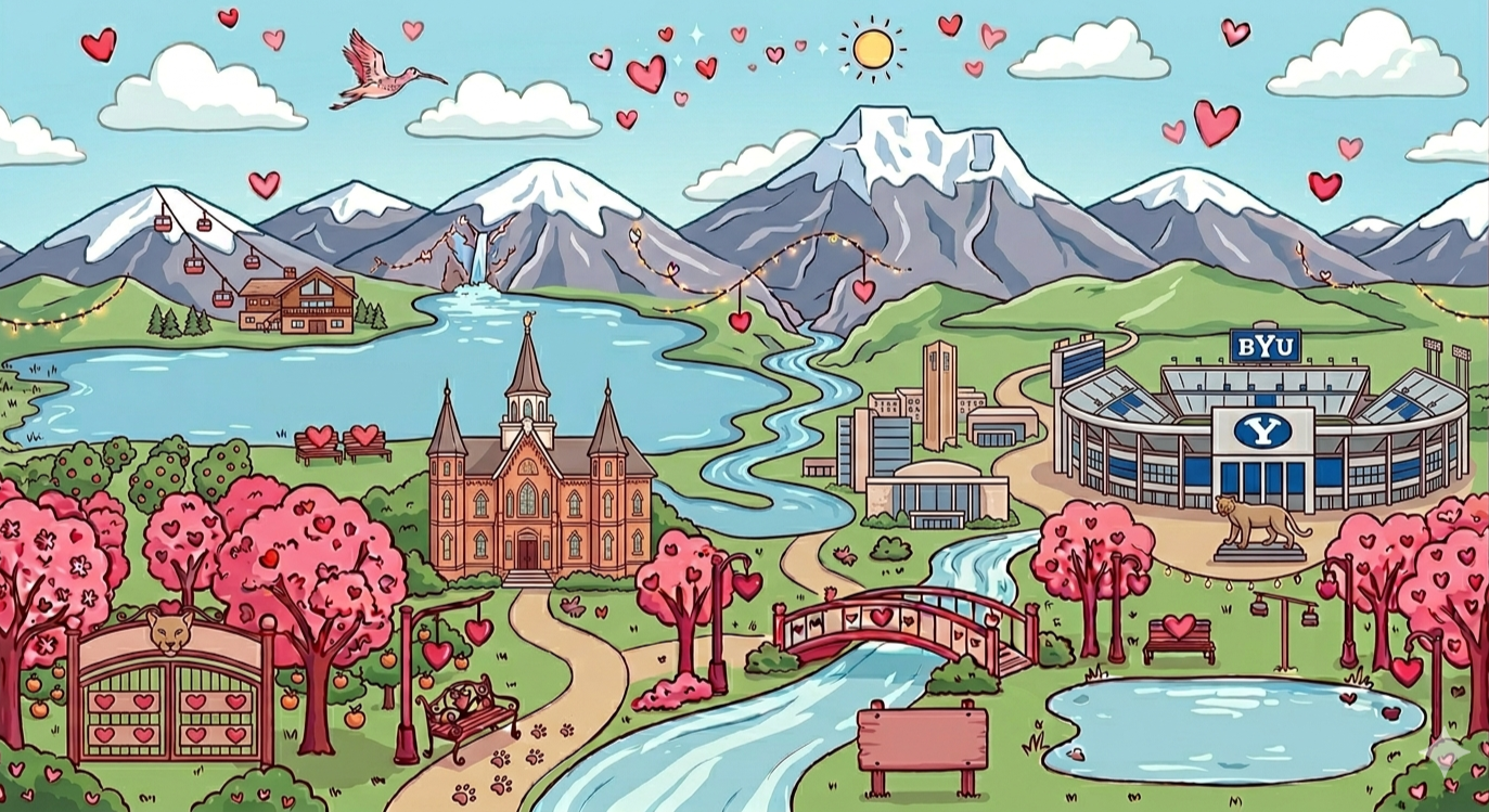 A colorful illustration of a scenic college campus surrounded by mountains, lakes, and trees with pink blossoms. There are hearts floating in the sky, a crow flying, and a bright sun. The campus features a Gothic-style church, a stadium with the BYU logo, and pathways with benches and lampposts.