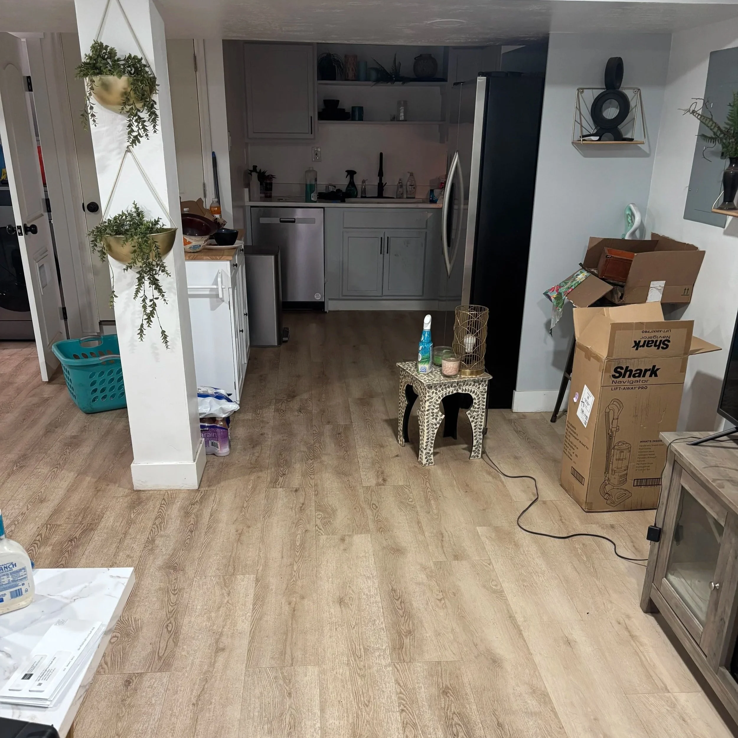 Part of a kitchen with white cabinets, gray countertops, and a stainless steel refrigerator. There are hanging plants on the wall, some boxes on the floor, and miscellaneous items on the counters and shelves.