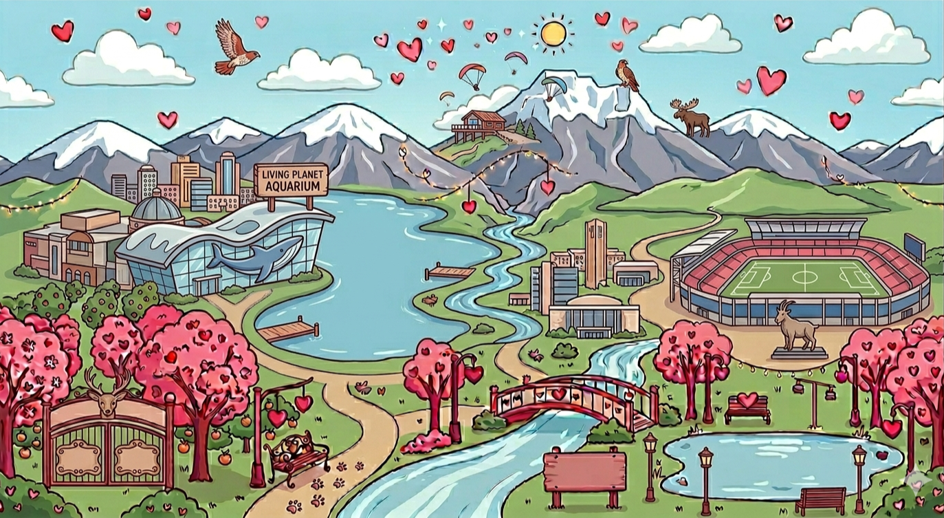 Colorful illustrated park with pink cherry blossom trees, a river, a bridge, a stadium, and mountains in the background. Features include a living planet aquarium, animal statues, a pond, benches, and decorative lights.