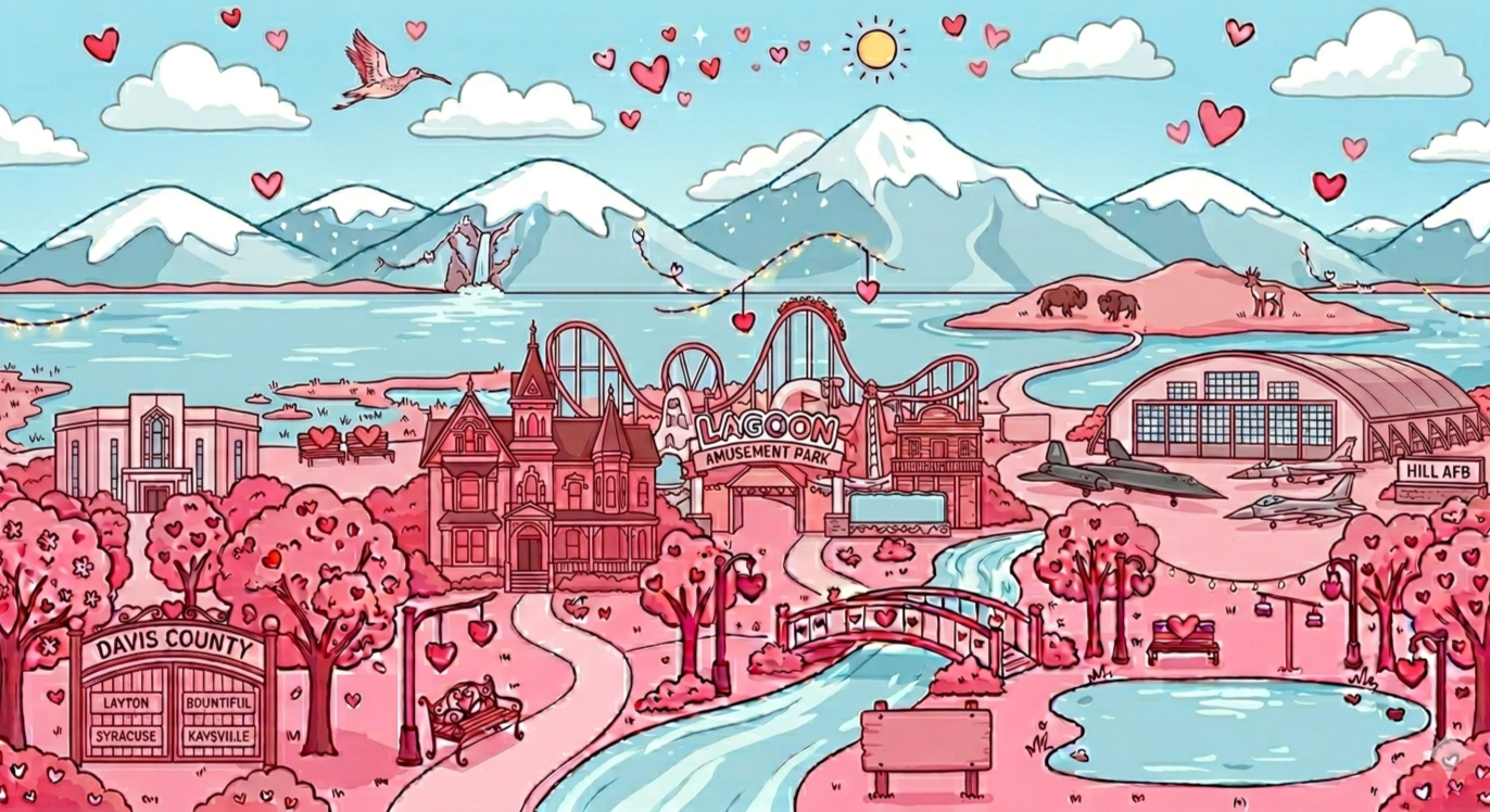 Colorful illustration of Lagoon Amusement Park with mountains in the background, pink trees, water features, roller coaster, airplanes, and a sign for Hill Air Force Base. Romantic themes with hearts and a hummingbird in a whimsical style.
