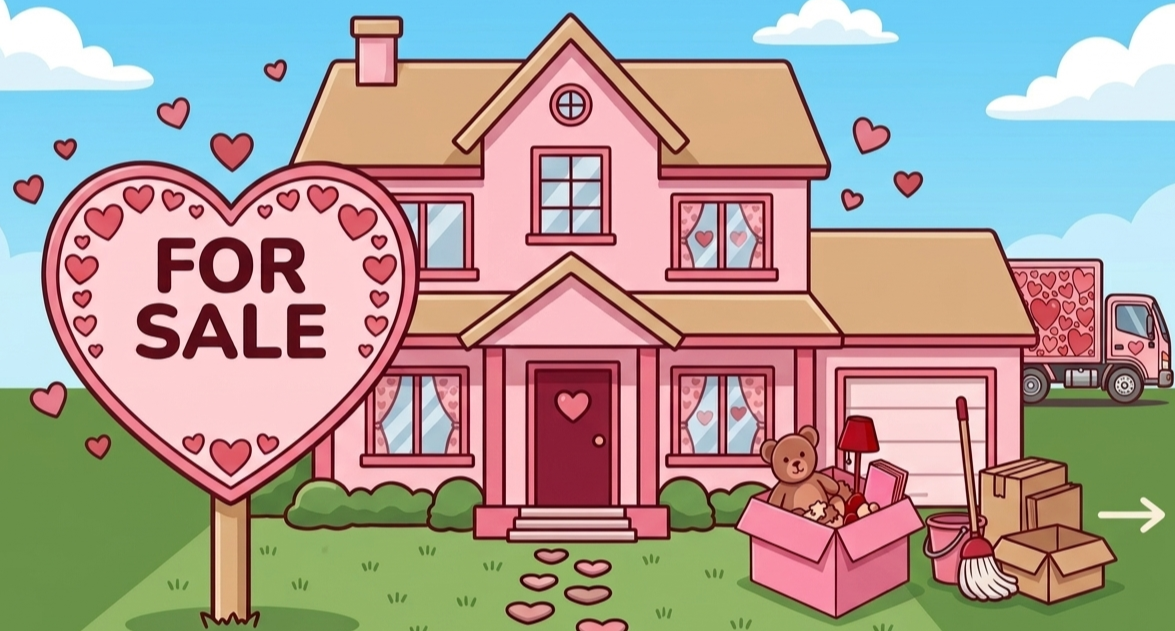 A pink two-story house with a large 'For Sale' sign in a heart shape in the front yard. The house has decorated windows with hearts, and the yard has boxes, a teddy bear in a pink box, and cleaning supplies. A delivery truck with hearts on it is in the background.