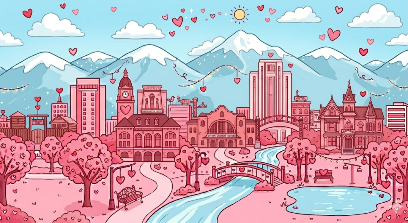 A colorful illustrated cityscape with mountains in the background, pink trees, water features, and buildings decorated with hearts and love-themed elements.