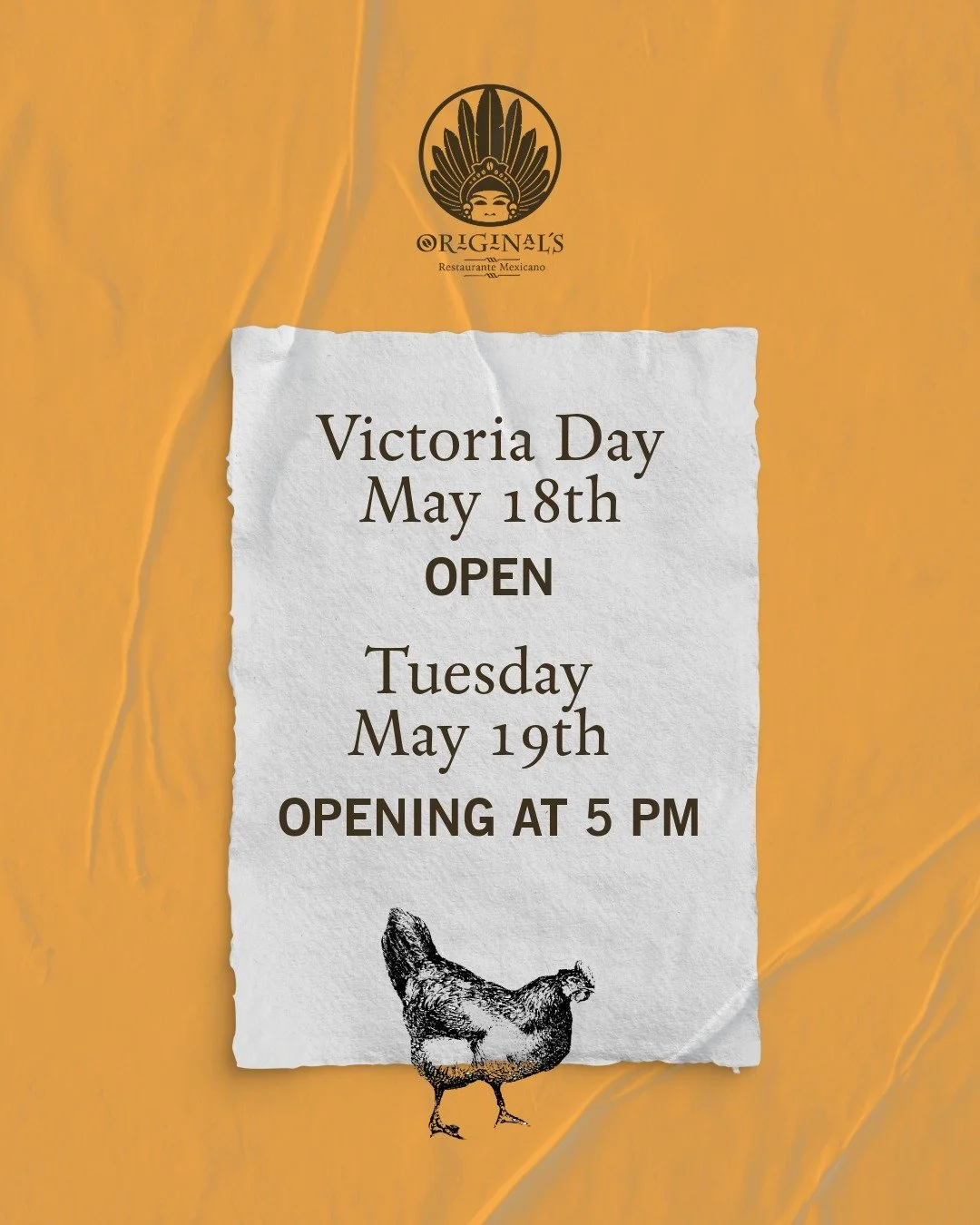 Long weekend, we've got you covered! 🌶️ Originals Mexicano is OPEN on Victoria Day, Monday May 18th &mdash; come celebrate with bold flavors, tradition, and that warm Mexican hospitality you love. On Tuesday May 19th, we'll open a little later at 5 