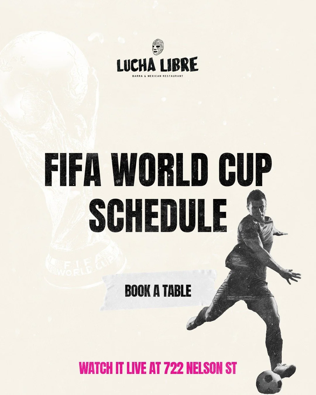 Every goal tastes better with tacos. ⚽🌮
The World Cup is coming to 722 Nelson St &mdash; every match, live, at the bar.
Book your table. This one's going to fill up.
📍 Lucha Libre Barra, Vancouver
@luchalibrebarra
#LuchaLibreBarra #FIFAWorldCup2026