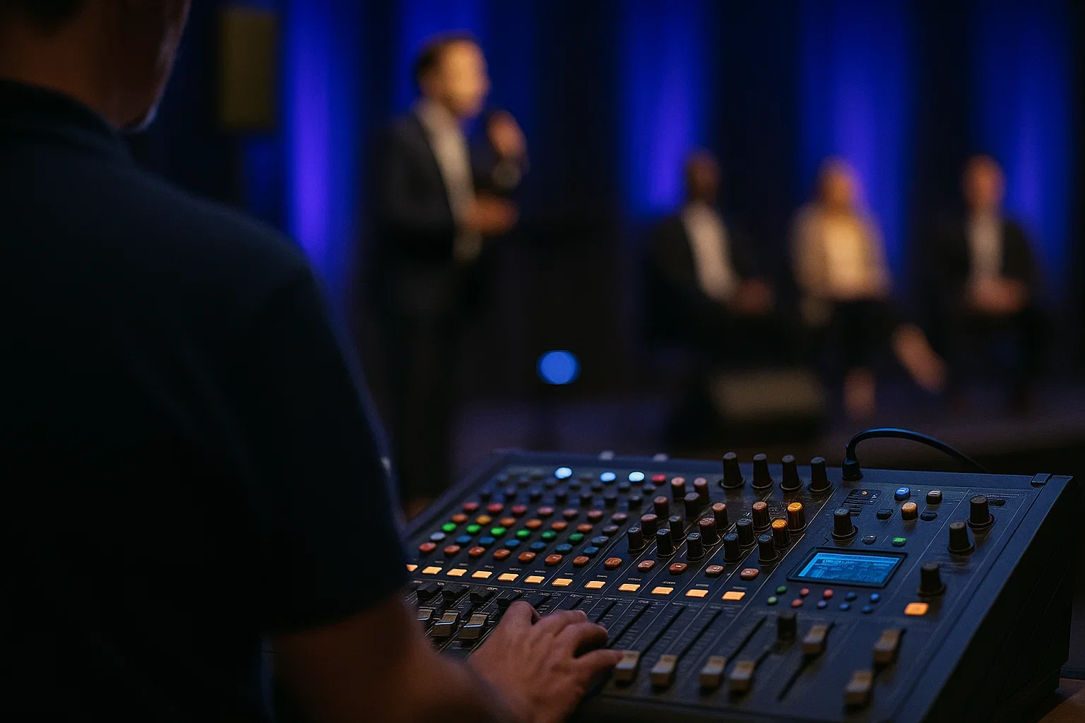 Person operating a sound mixing console at a conference or event with a panel of speakers on stage in the background.