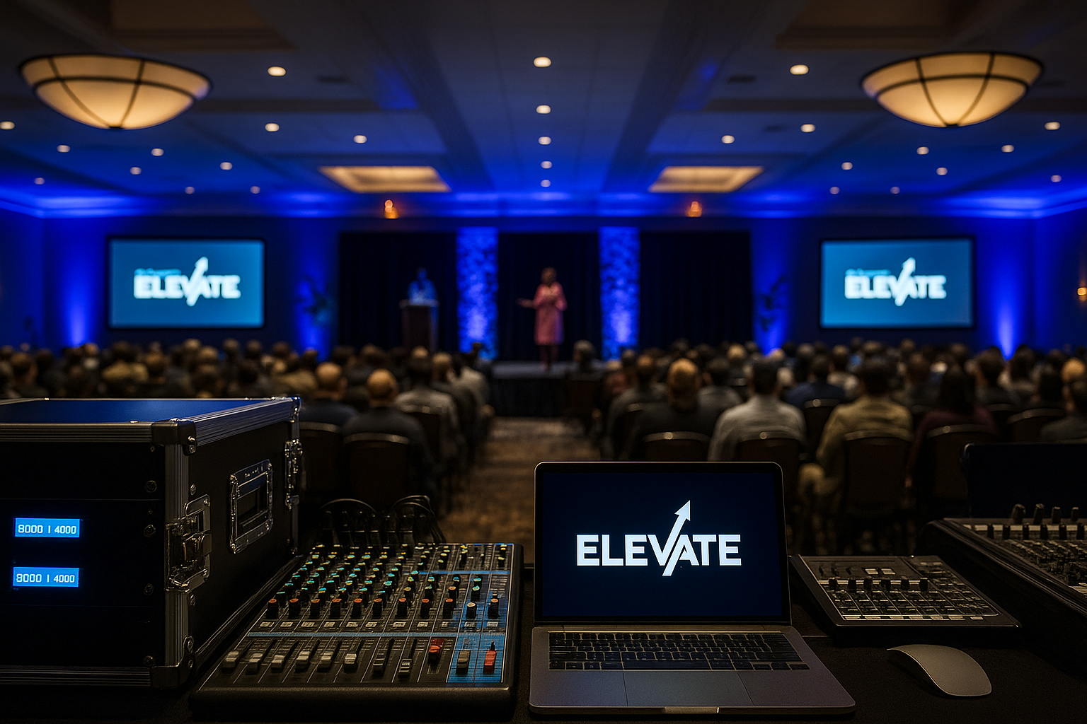 Conference room with audience listening to a speaker on stage, large screens displaying 'ELEVATE', and a sound and video control desk in the foreground.