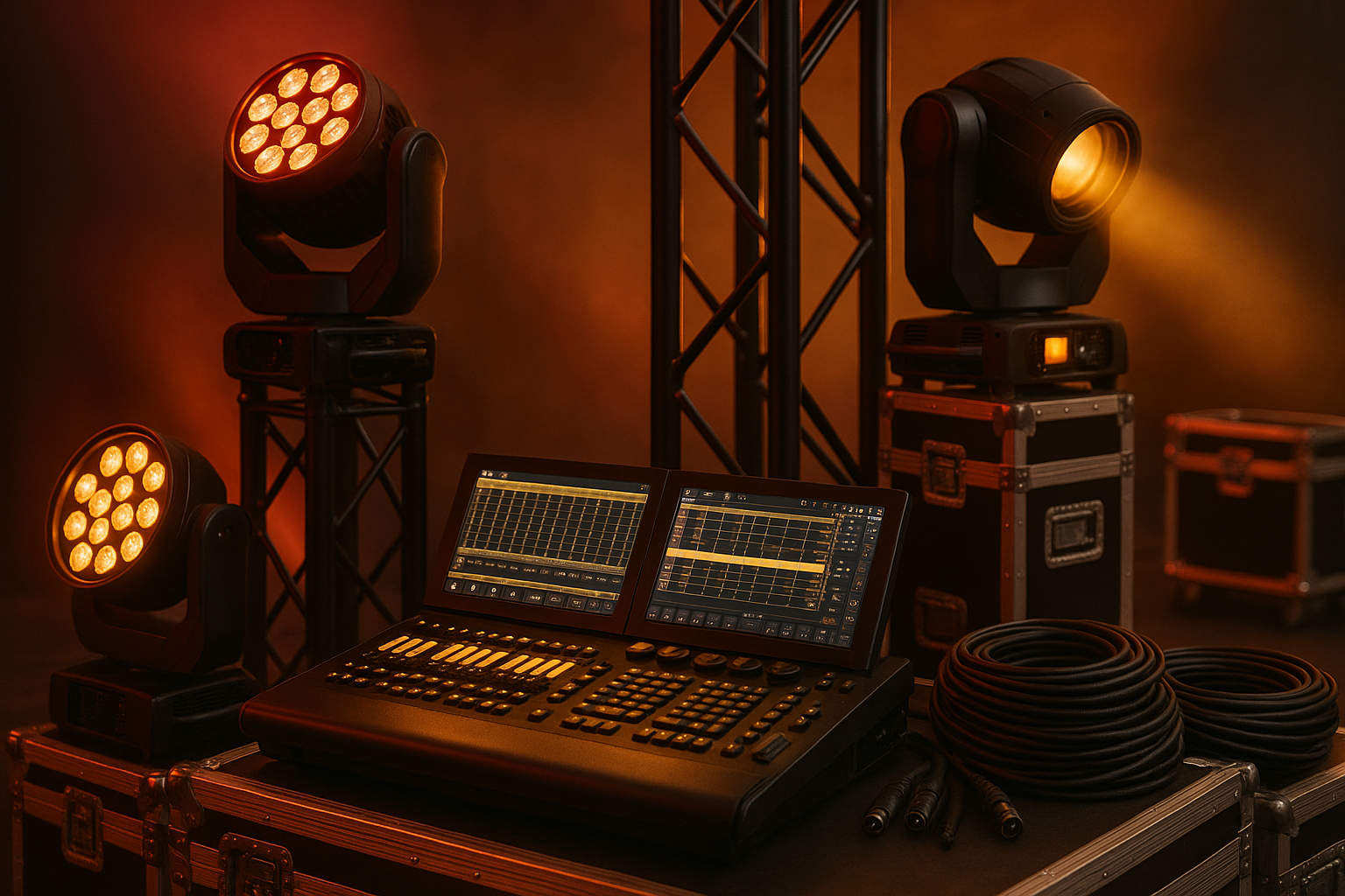 Stage lighting equipment, including LED lights, spotlights, and a lighting control console with dual monitors, on a professional stage setup.