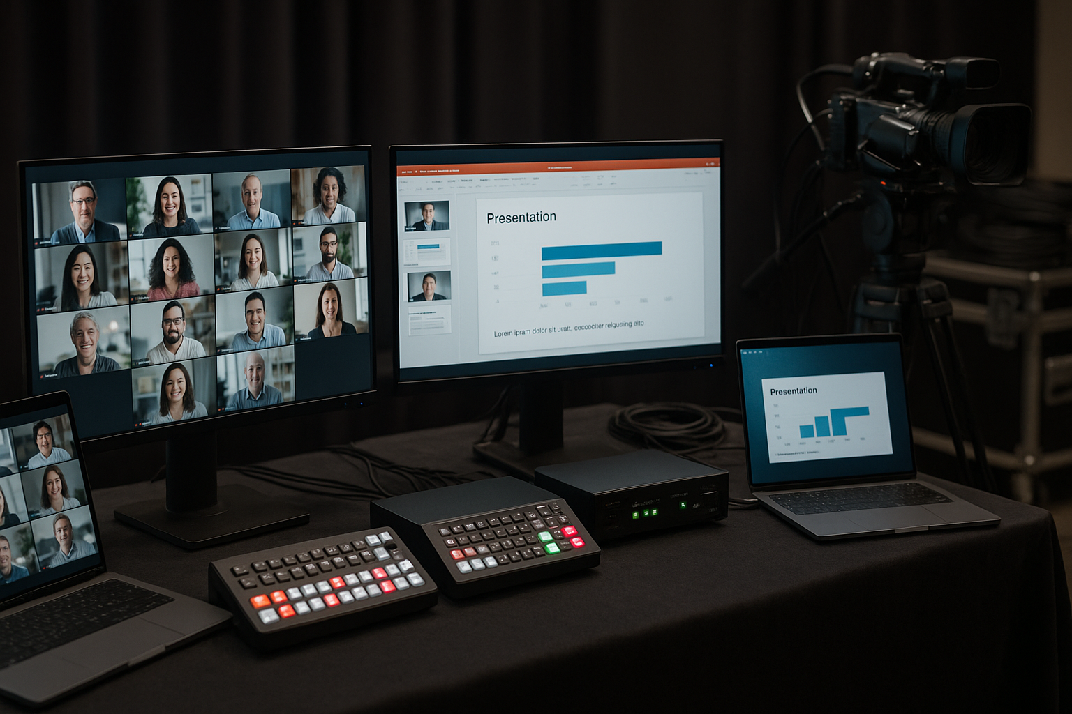 Video production setup with multiple screens displaying a virtual meeting, presentation slides, and a video camera on a tripod.