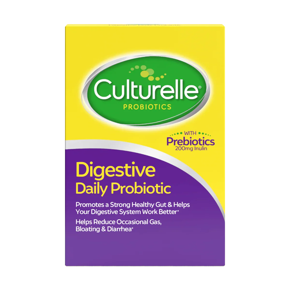 Yellow and purple box of Culturelle Digestive Daily Probiotic supplement, stating it promotes a healthy gut, helps reduce gas, bloating, and diarrhea, with prebiotics and inulin.